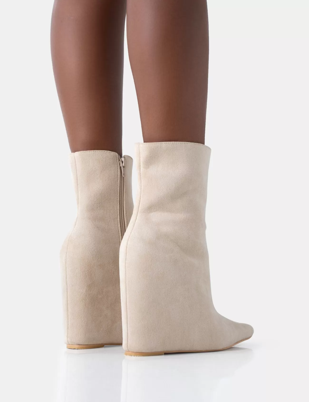 Public Desire Getaway Faux Suede Wedged Heeled Ankle Boot Beige Discount