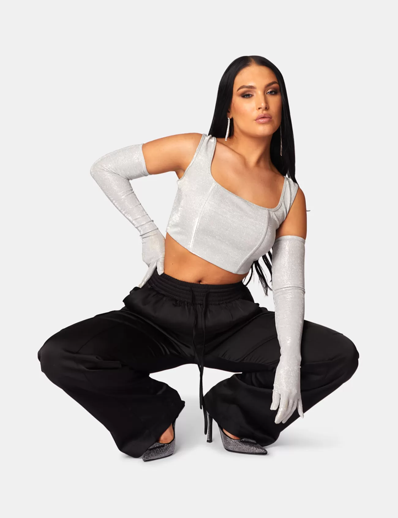 Public Desire Glitter Corset Top With Matching Gloves Silver Fashion