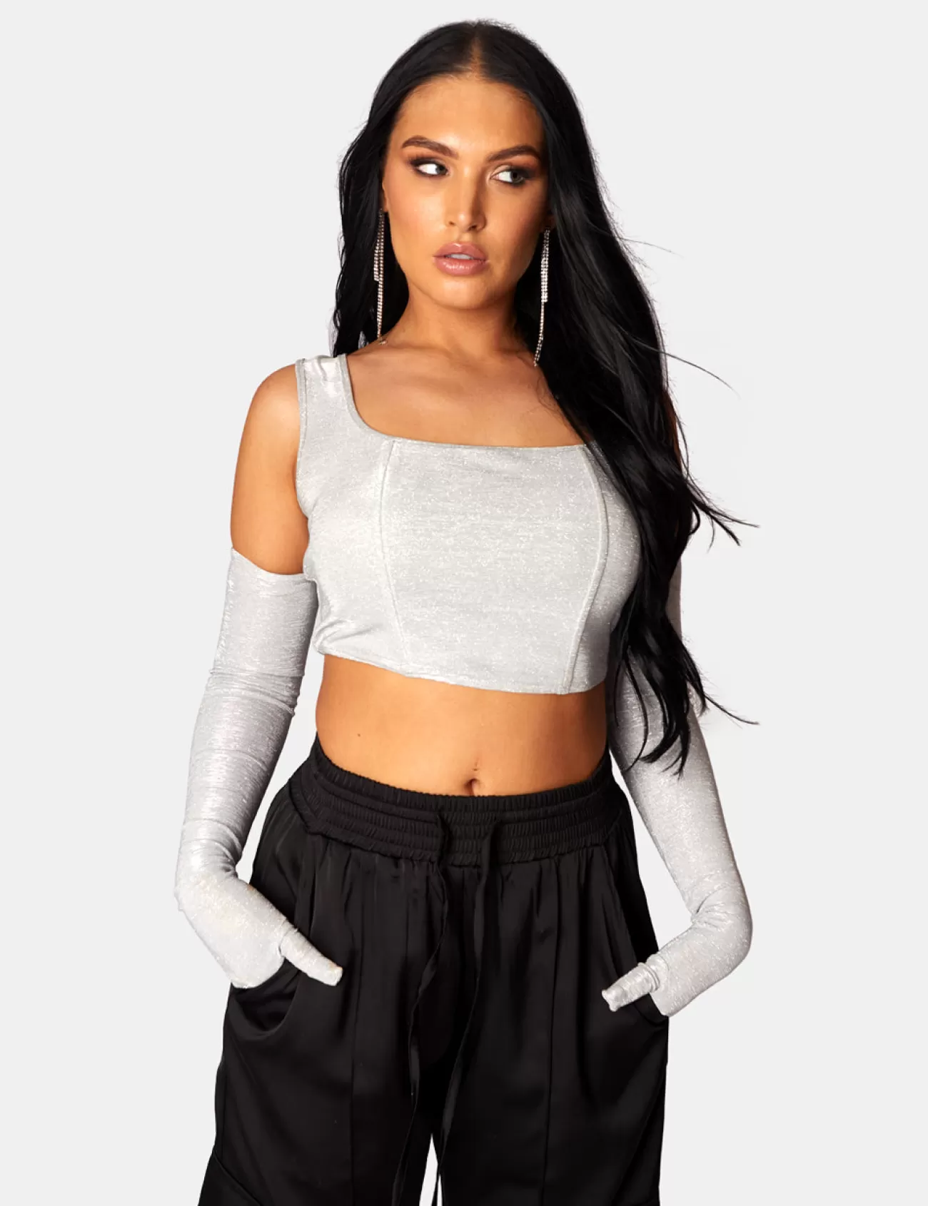 Public Desire Glitter Corset Top With Matching Gloves Silver Fashion