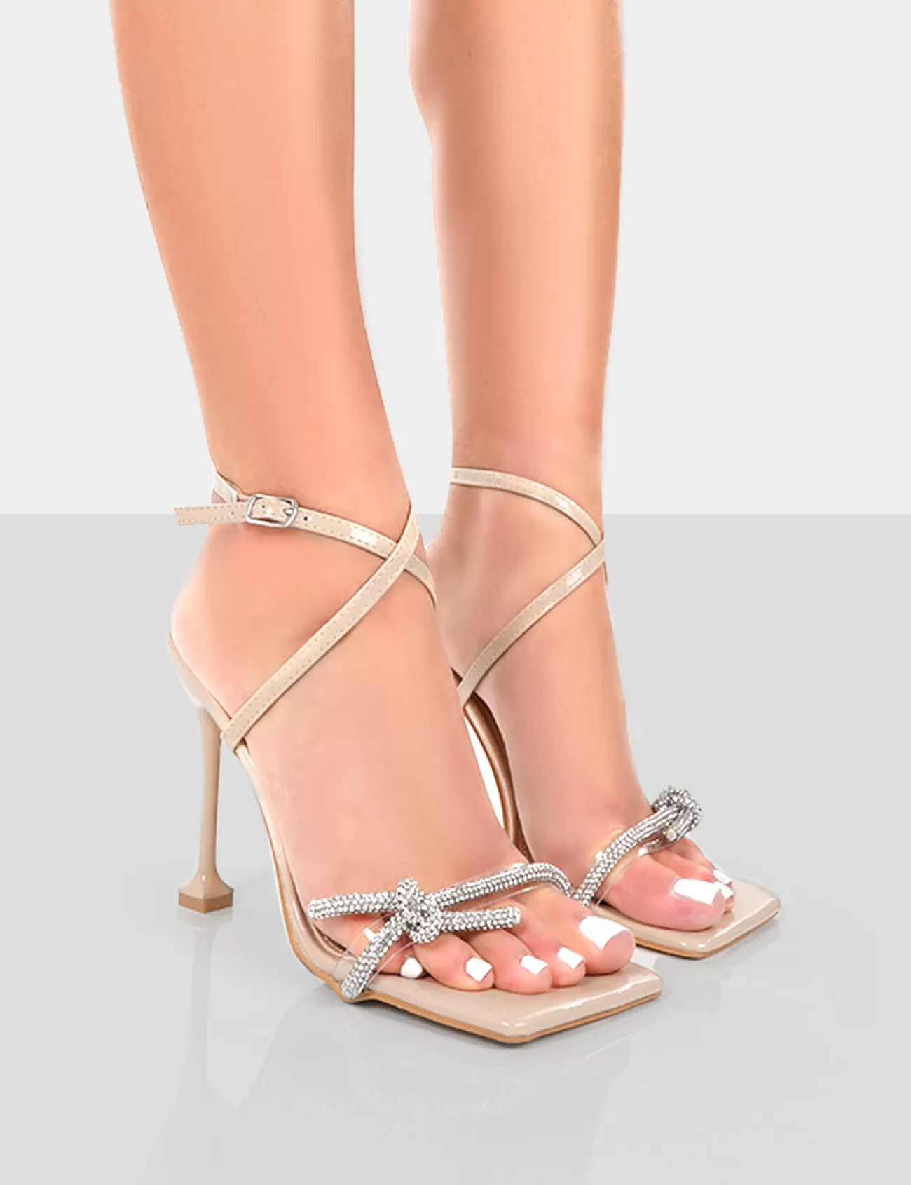 Public Desire Glitter Wrap Around Diamante Bow Square Toe Heels Nude Discount