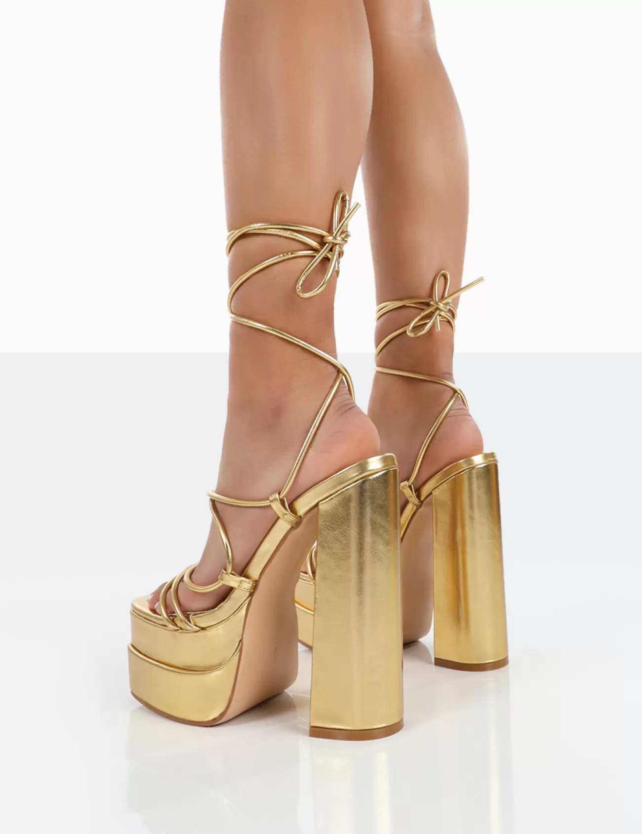 Public Desire Glow Girl Pu Lace Up Platform High Heels Gold Sale