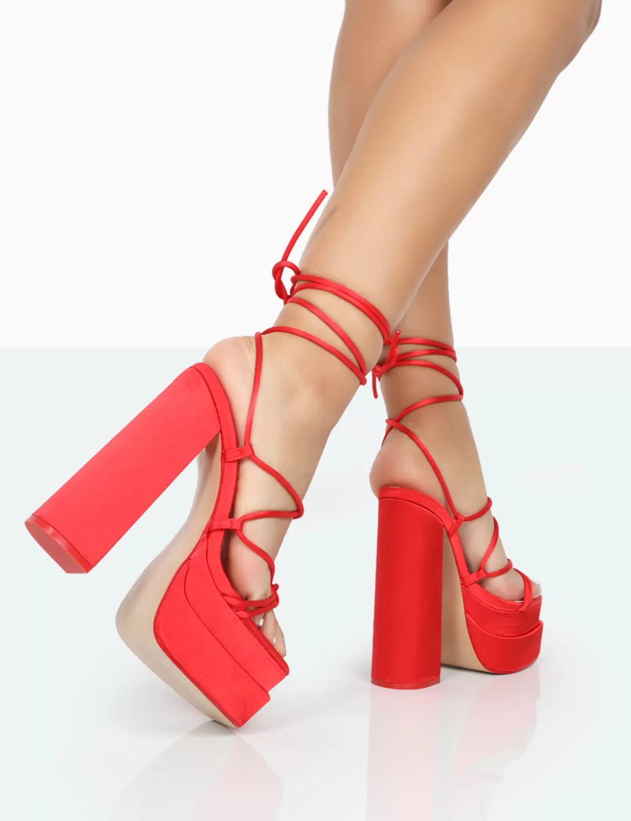 Public Desire Glow Girl Satin Pu Lace Up Platform High Heels Red Flash Sale
