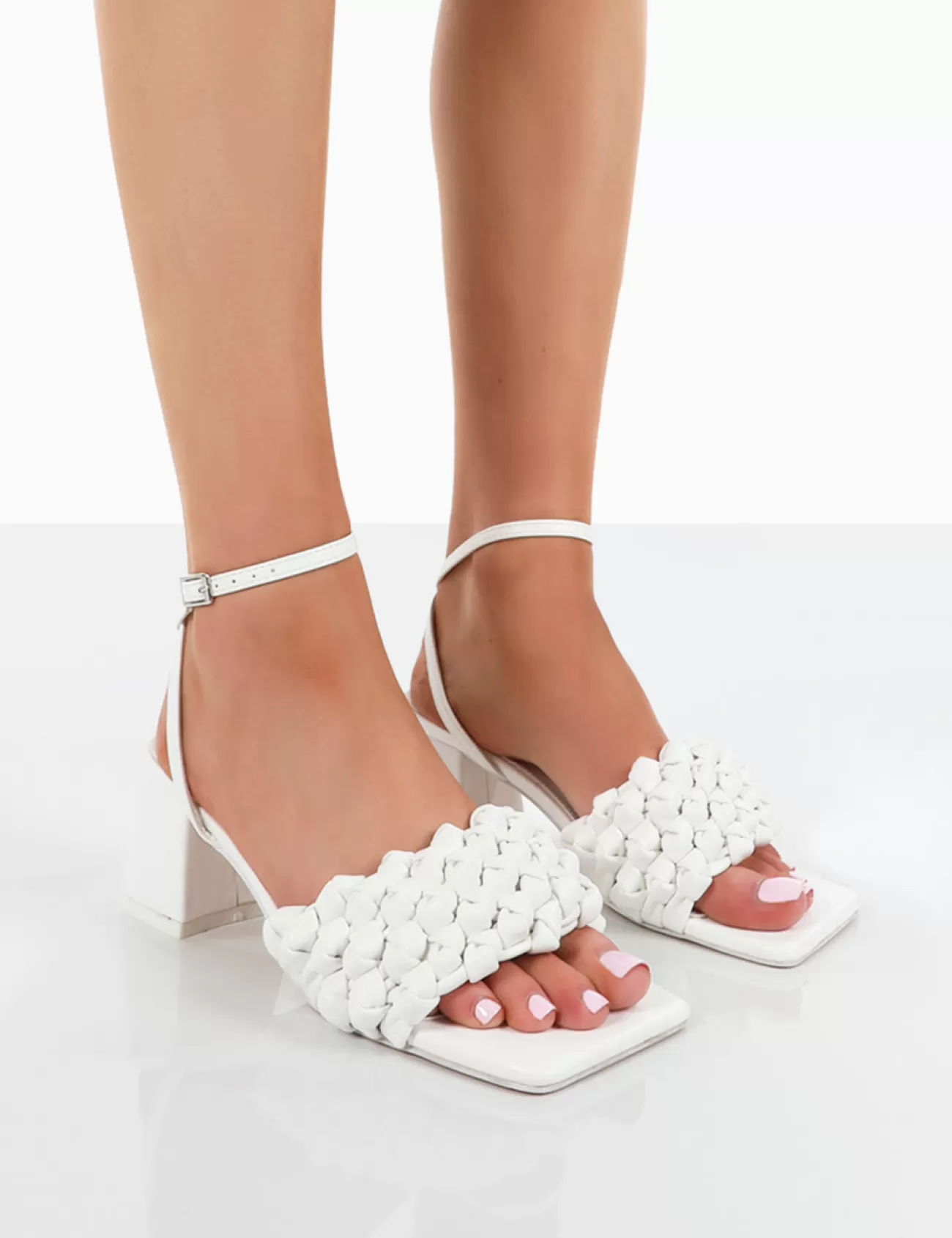 Public Desire Got This Pu Woven Square Toe Block Mid Heeled Mule Sandals White Best Sale