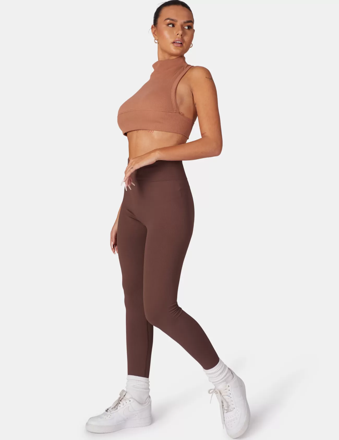 Public Desire High Neck Racer Low Side Rib Crop Top Cinnamon Brown Cheap