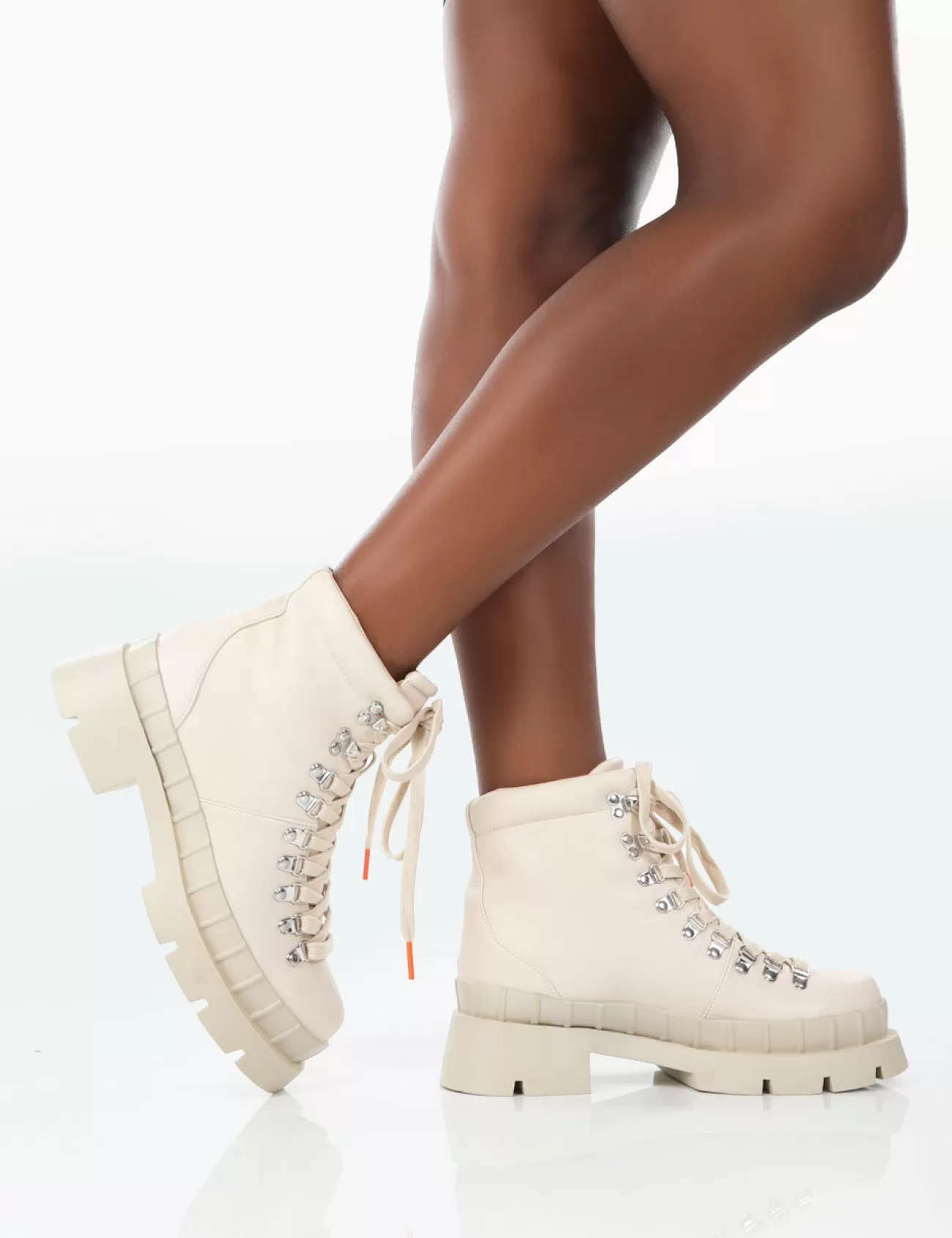Public Desire Hike There Bone Pu Lace Up Chunky Sole Winter Boots Ecru Best