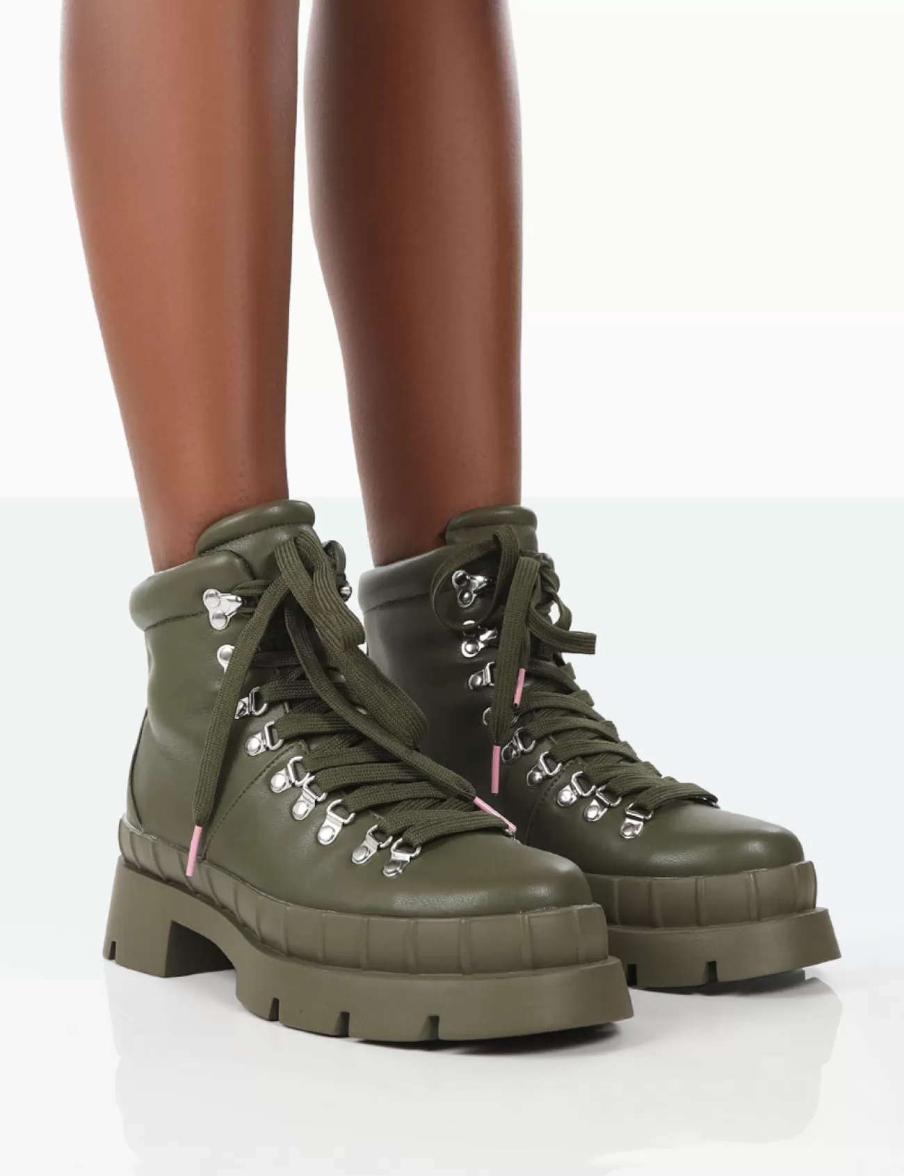 Public Desire Hike There Pu Lace Up Chunky Sole Winter Boots Khaki Outlet
