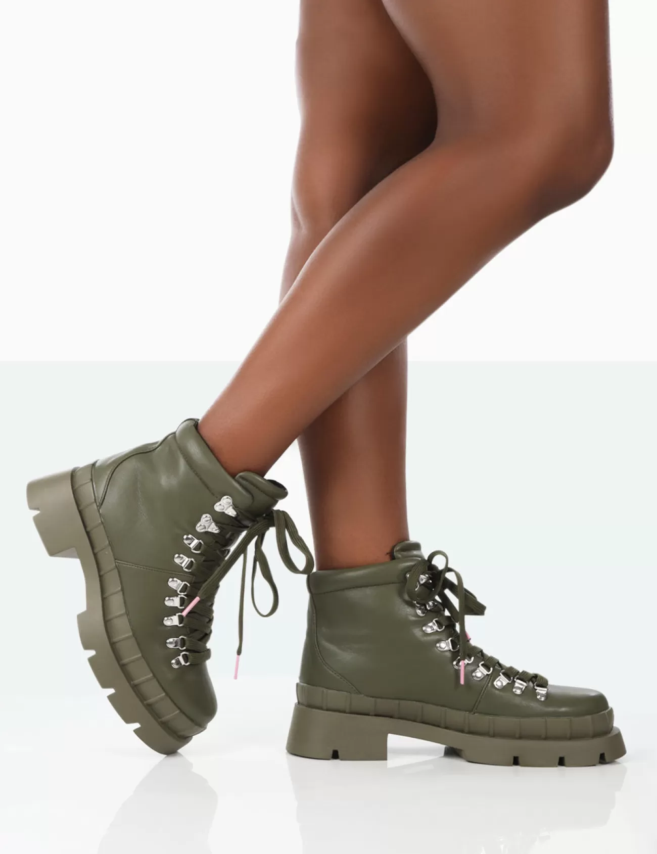 Public Desire Hike There Pu Lace Up Chunky Sole Winter Boots Khaki Outlet