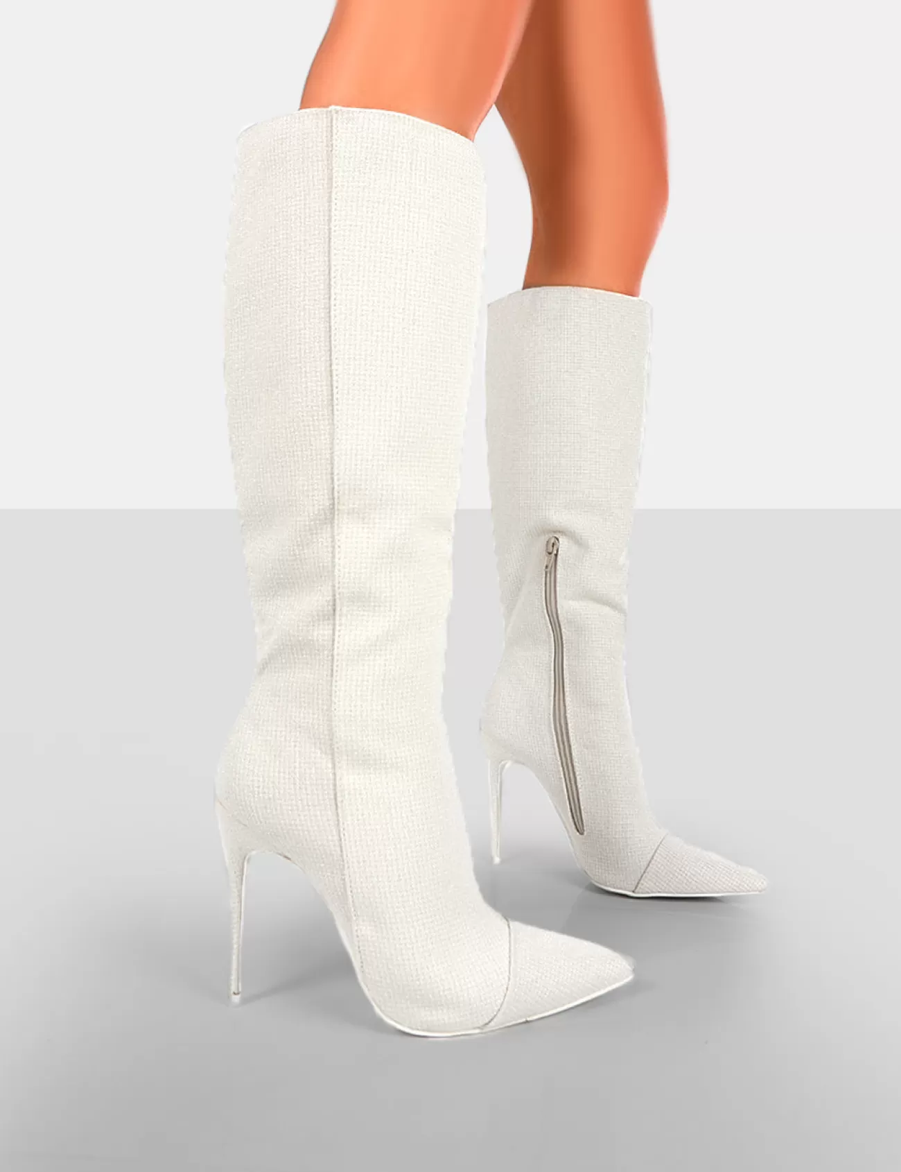Public Desire Horizon Linen Stiletto Knee High Boots Ecru Clearance