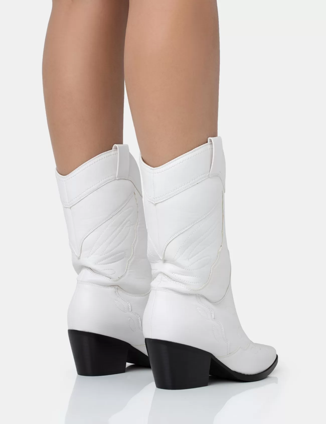 Public Desire Howdy Pu Pointed Toe Western Cowboy Block Ankle Boots White Flash Sale