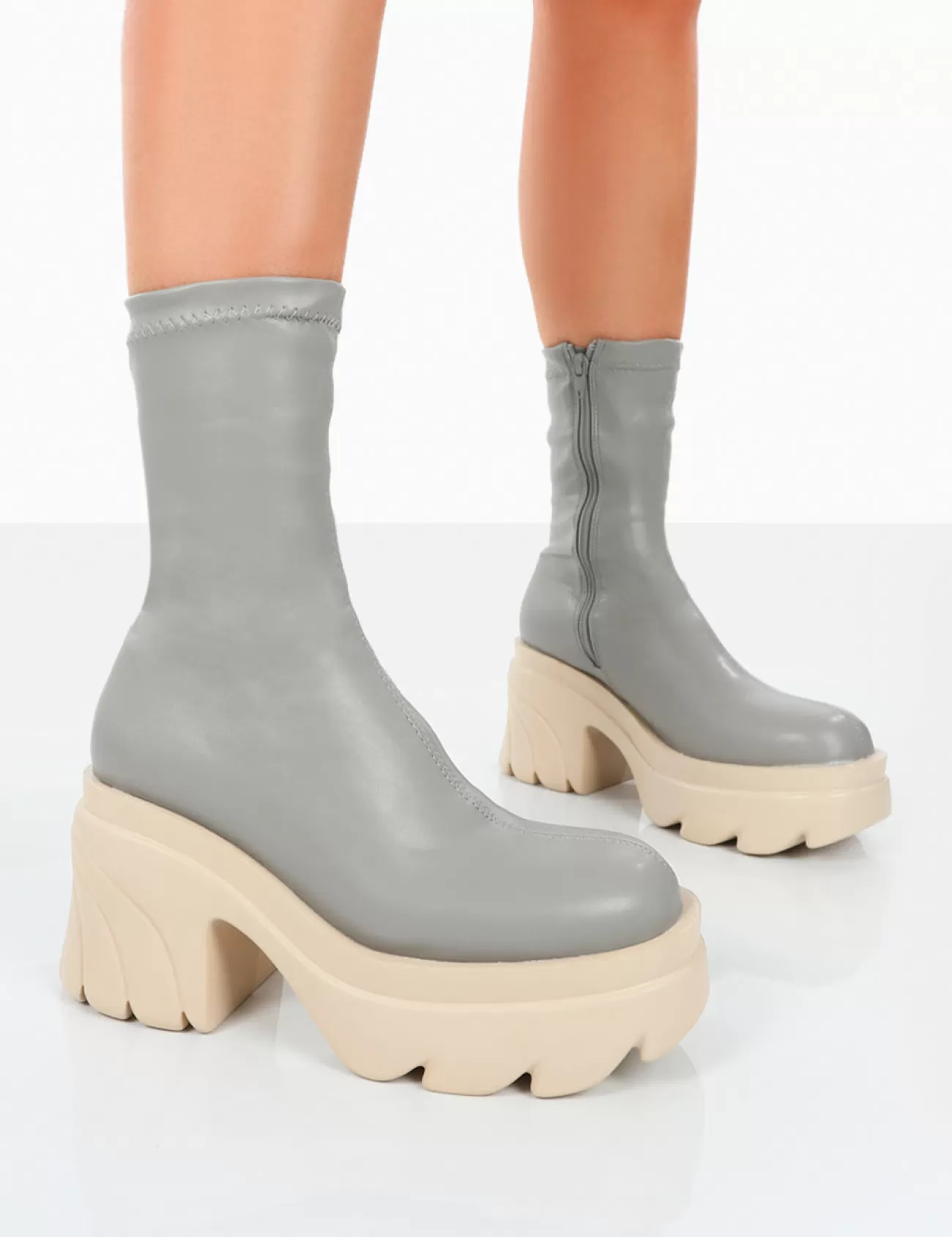 Public Desire Jennie Pu Platform Chunky Sole Heeled Ankle Boots Grey Outlet