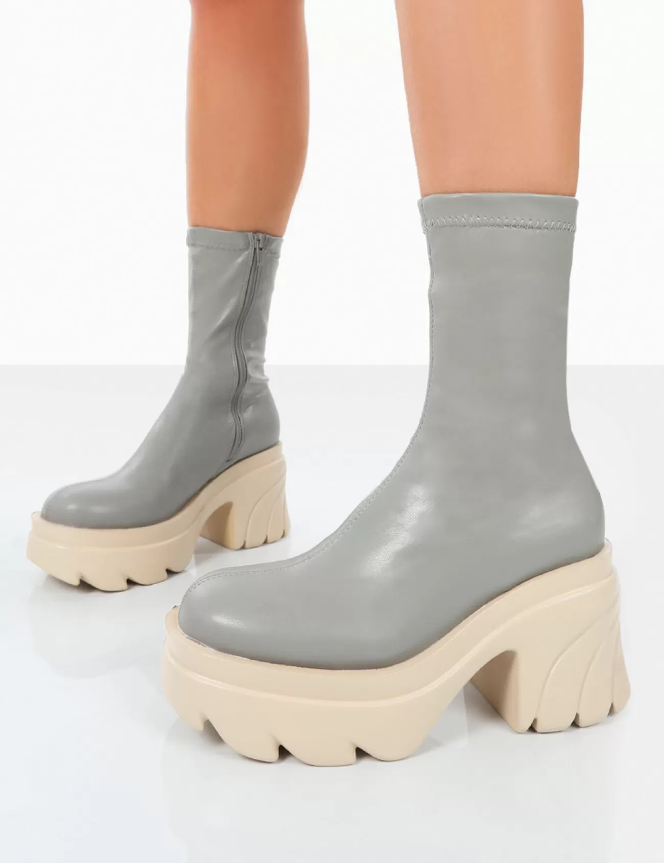 Public Desire Jennie Pu Platform Chunky Sole Heeled Ankle Boots Grey Outlet