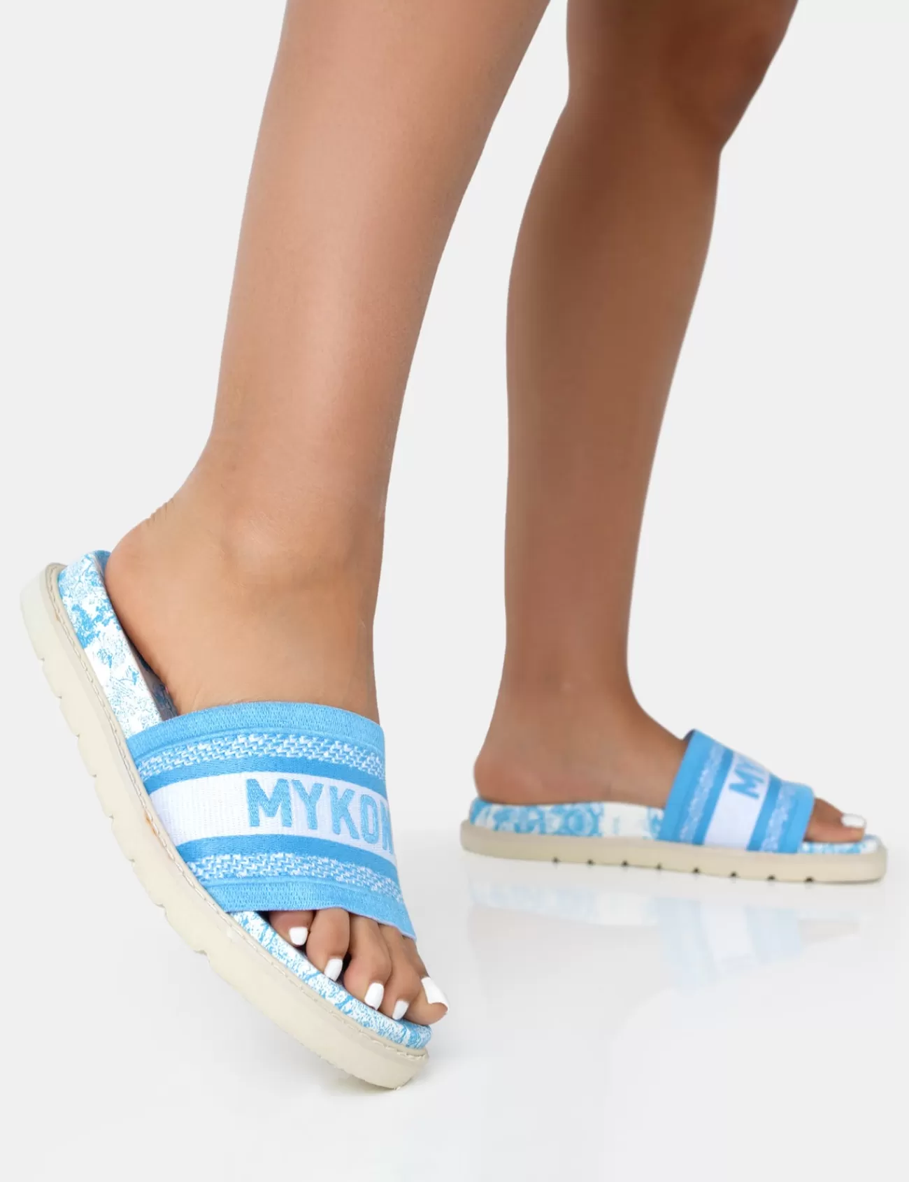 Public Desire Jet Set Embroidered Mykonos Print Slider Sandals Blue Cheap