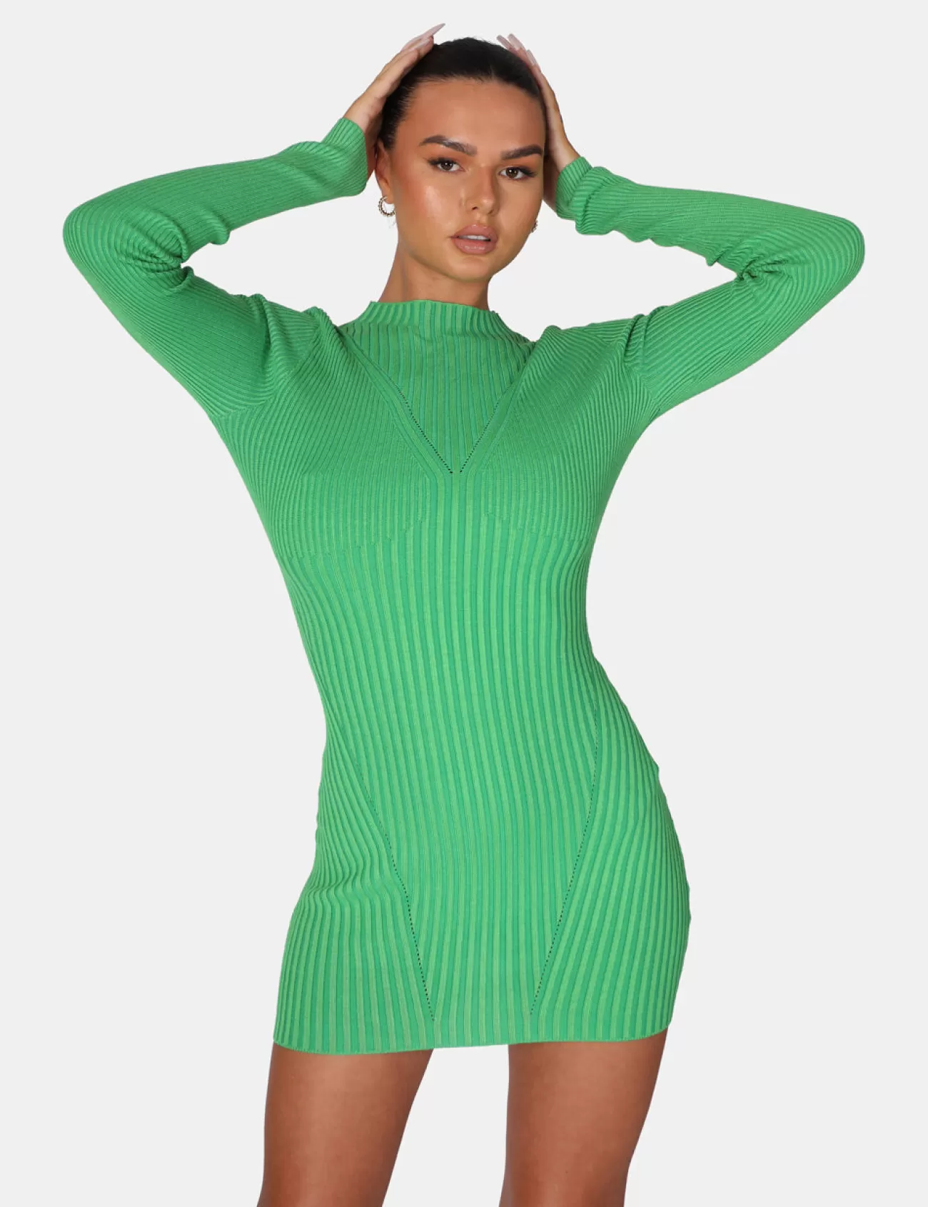 Public Desire Knitted High Neck Long Sleeve Contrast Stitch Mini Dress Green Store
