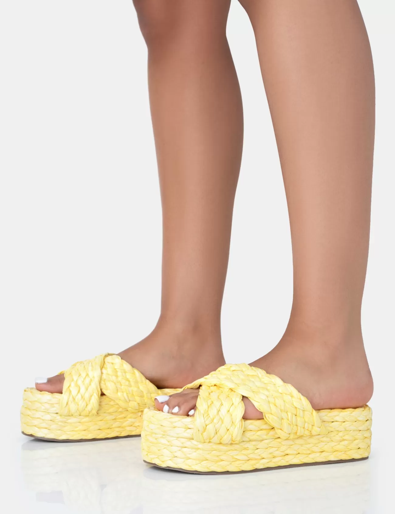 Public Desire Kos Raffia Cross Over Strap Slip On Flatform Sandals Yellow Store