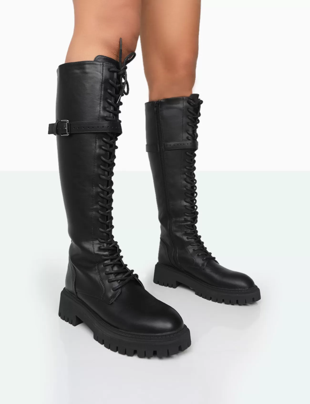 Public Desire Lainey Pu Chunky Sole Lace Up Knee High Boots Black Best Sale