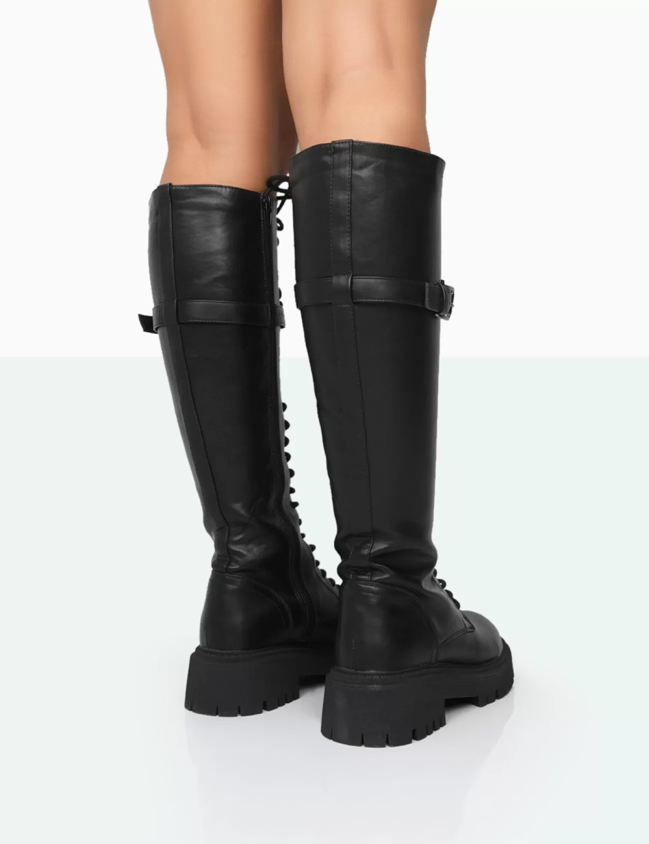 Public Desire Lainey Pu Chunky Sole Lace Up Knee High Boots Black Best Sale