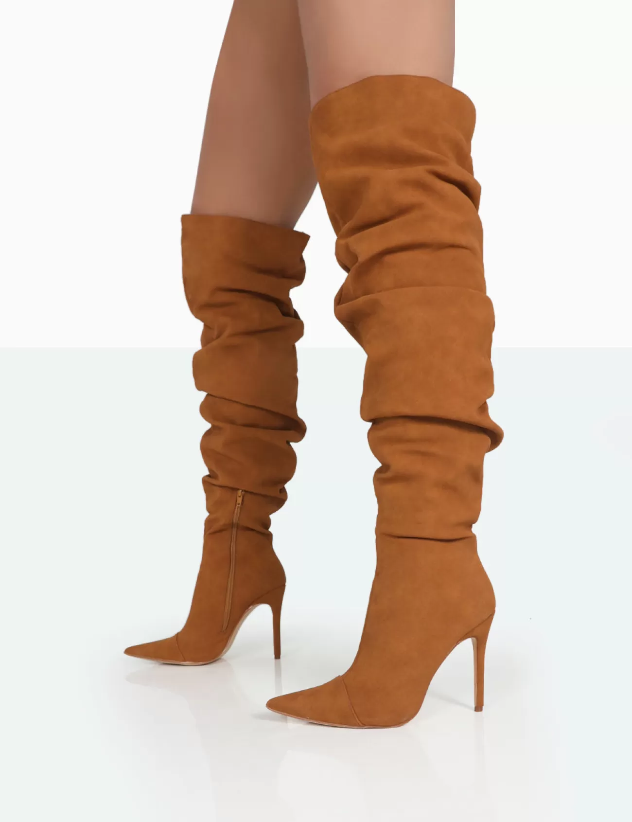 Public Desire Lariza Faux Suede Pointed Toe Stiletto Over The Knee Boots Tan Store