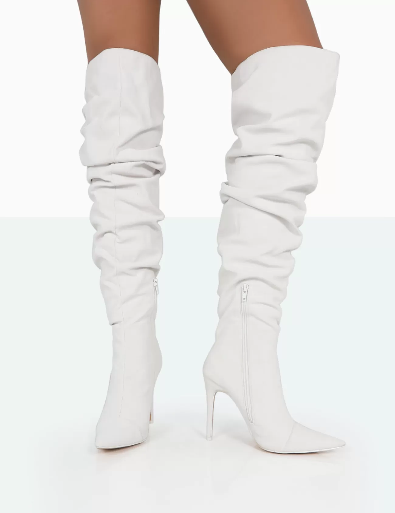 Public Desire Lariza Off Faux Suede Pointed Toe Stiletto Over The Knee Boots White Flash Sale