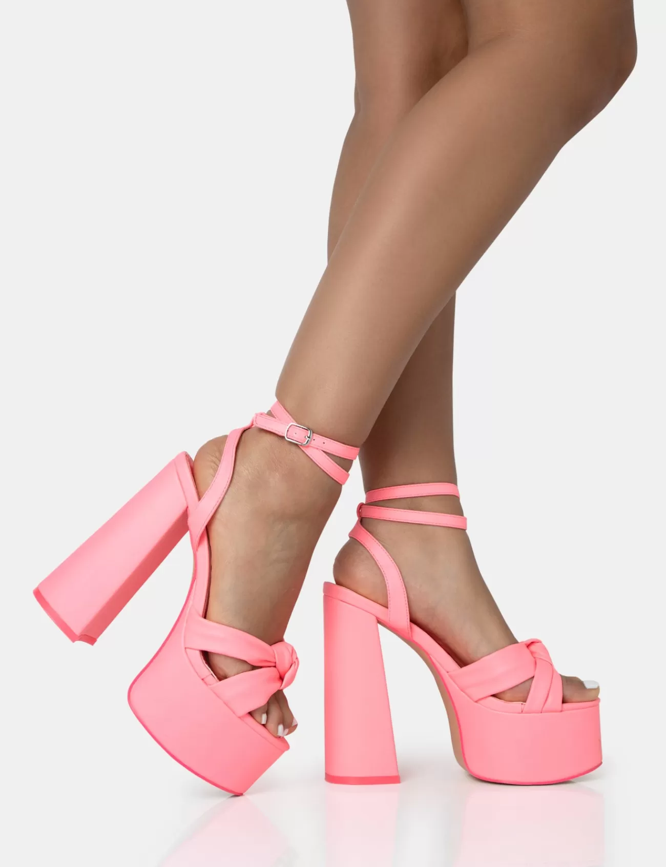 Public Desire Leo Edition Neon Round Toe Platform Block Heels Pink Flash Sale