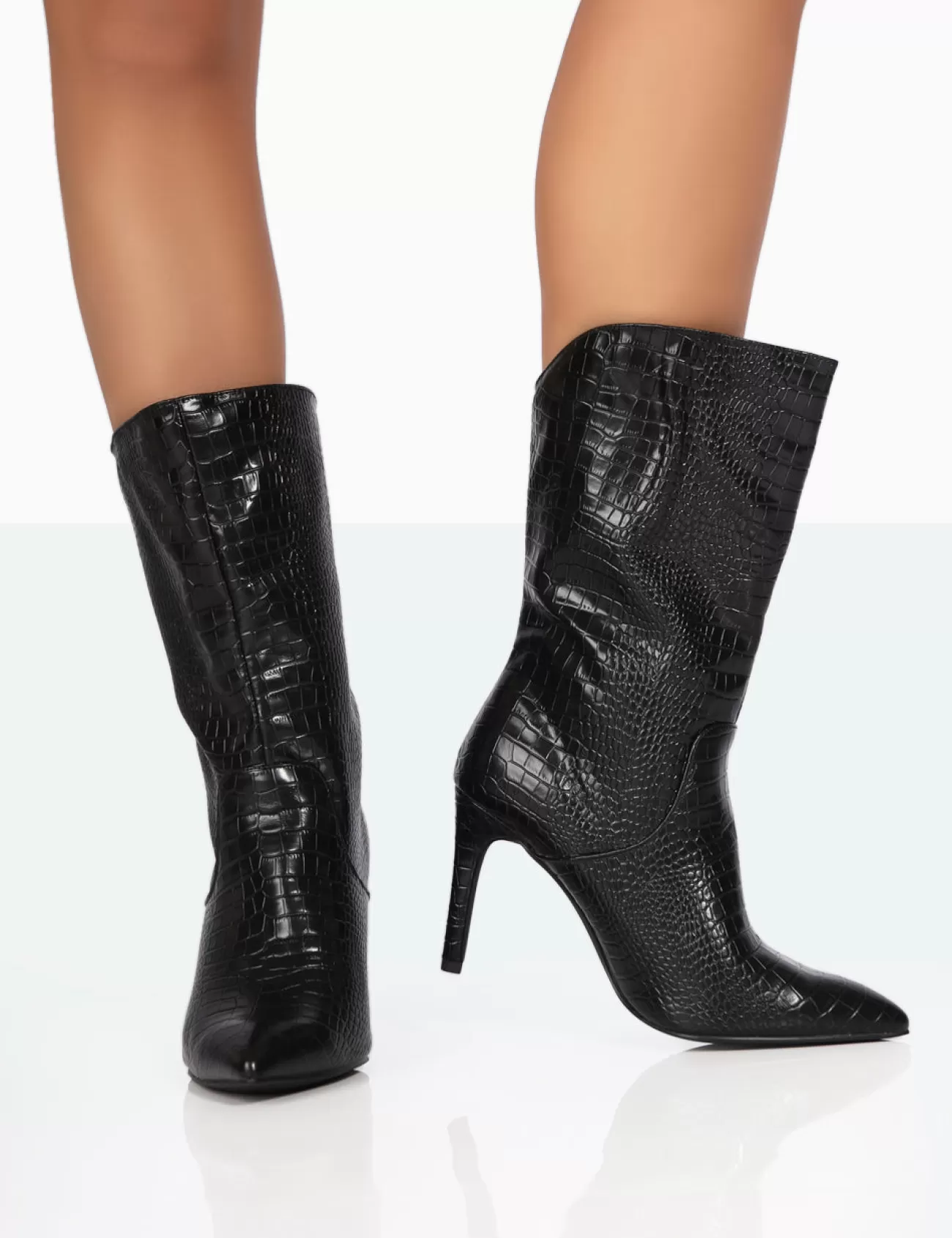 Public Desire Lisel Wide Fit Croc Pu Pointed Toe Stiletto Heeled Ankle Boots Black Clearance
