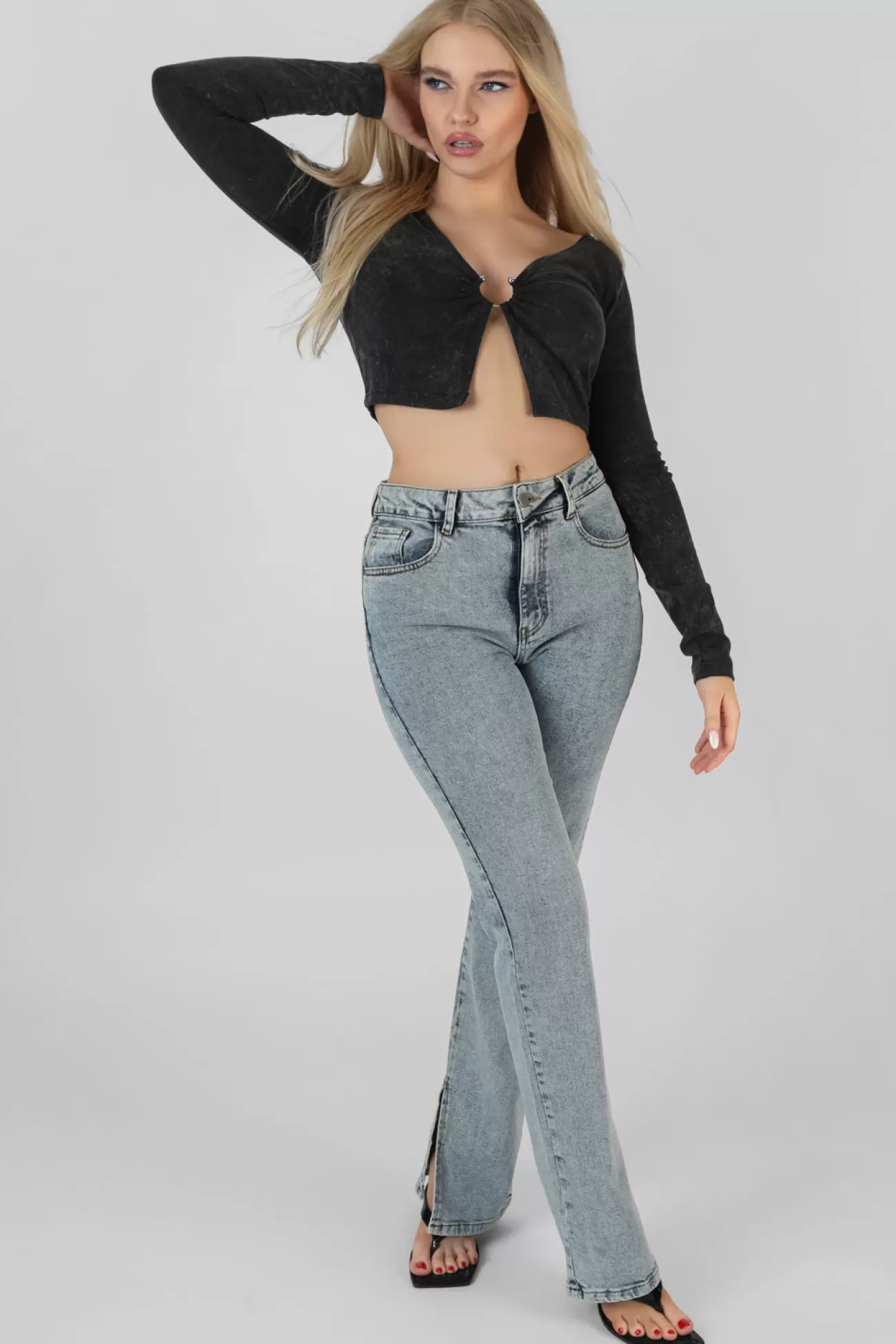 Public Desire Long Sleeve Bullring Detail Crop Top Black Cheap