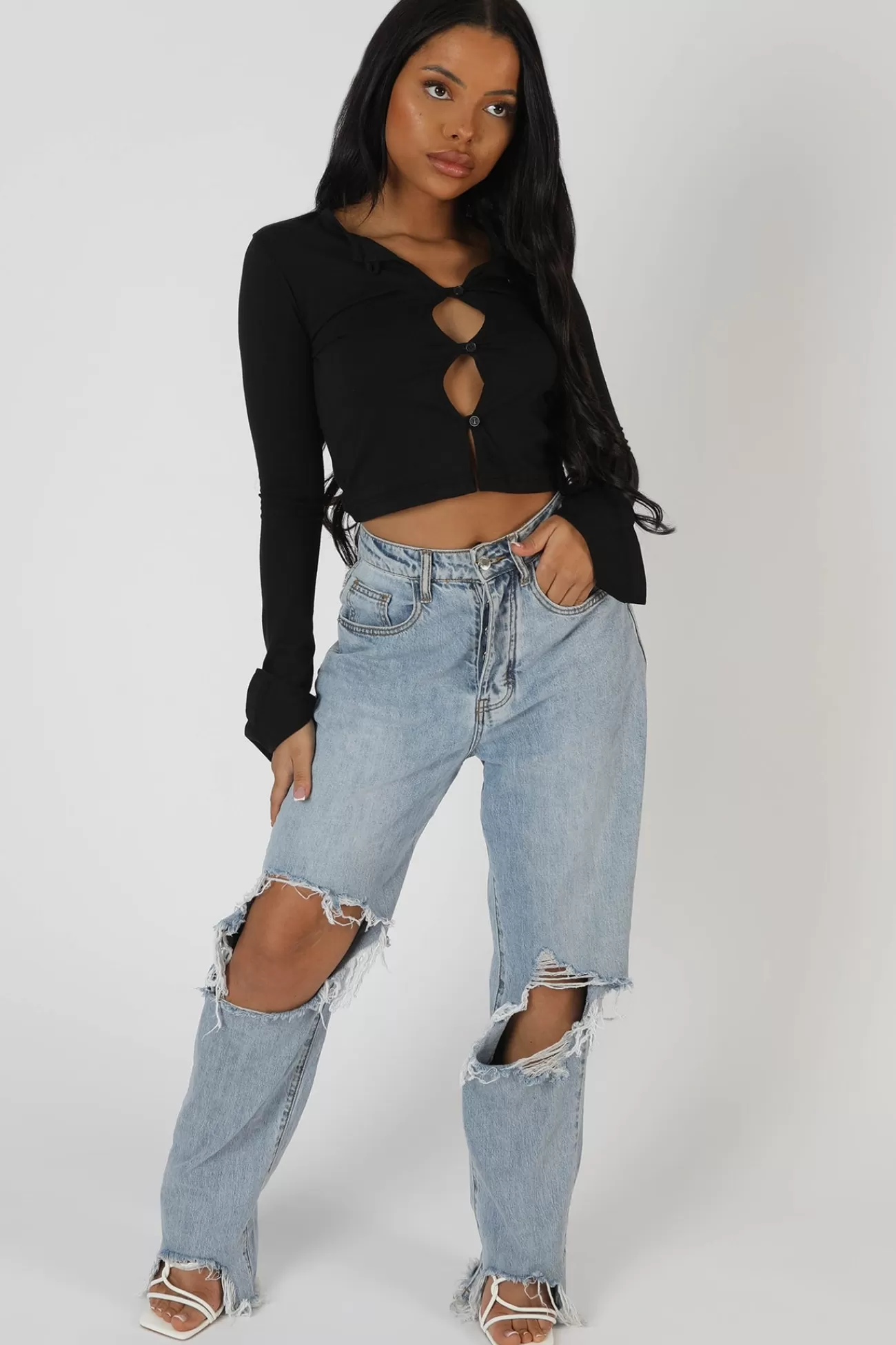 Public Desire Long Sleeve Button Detail Crop Top Black Store