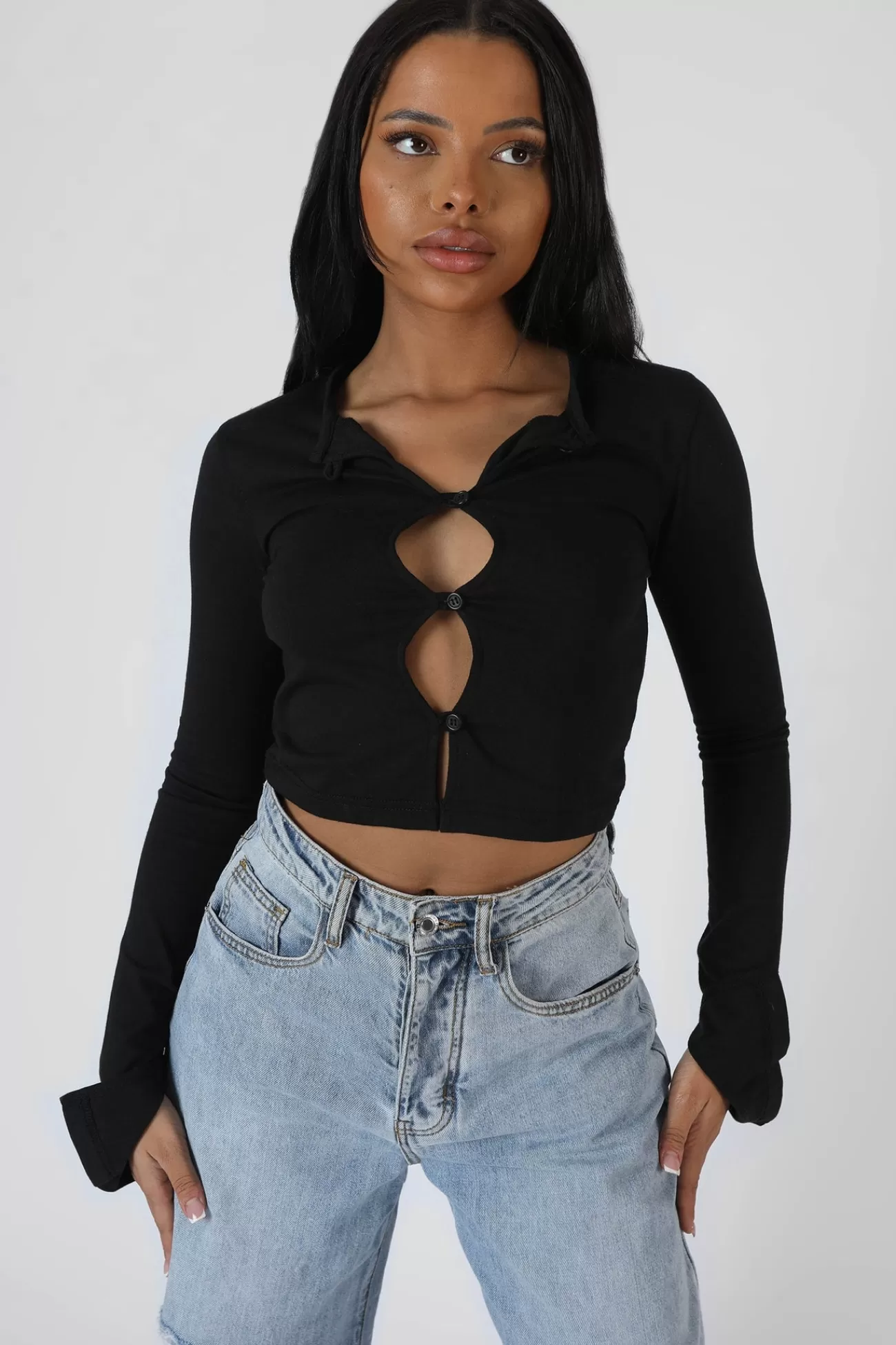 Public Desire Long Sleeve Button Detail Crop Top Black Store