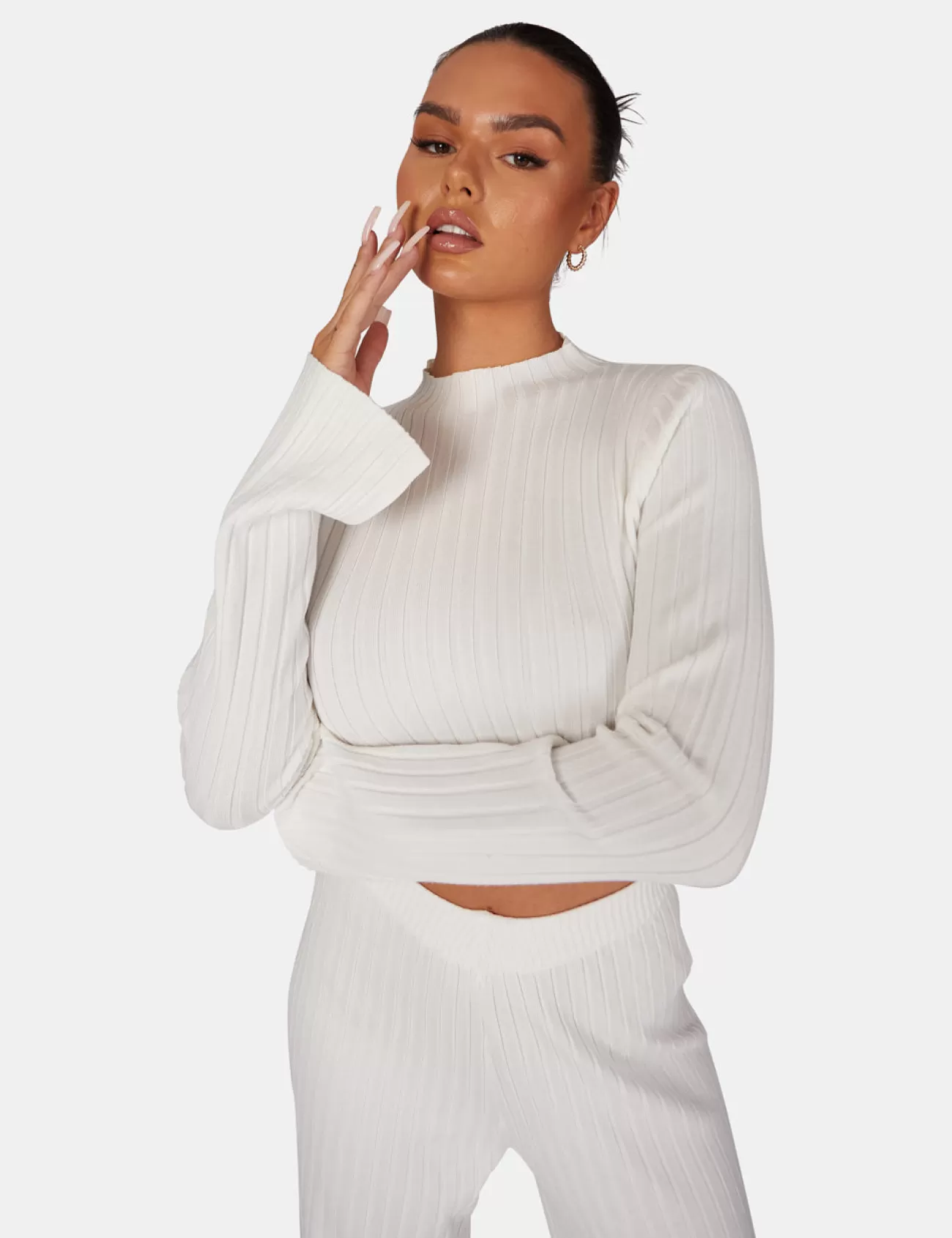 Public Desire Long Sleeve High Neck Ribbed Knitted Crop Top White Flash Sale