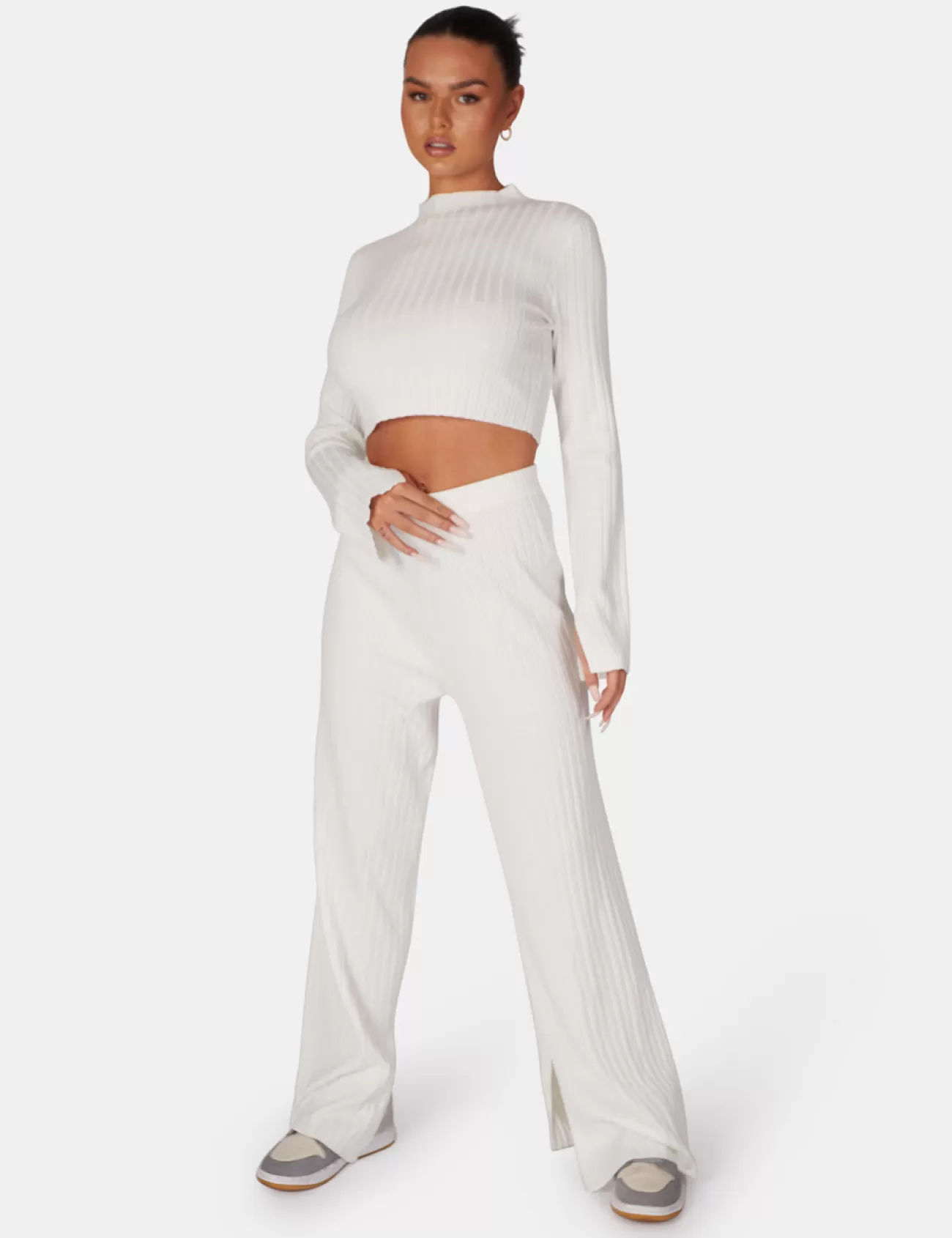 Public Desire Long Sleeve High Neck Ribbed Knitted Crop Top White Flash Sale