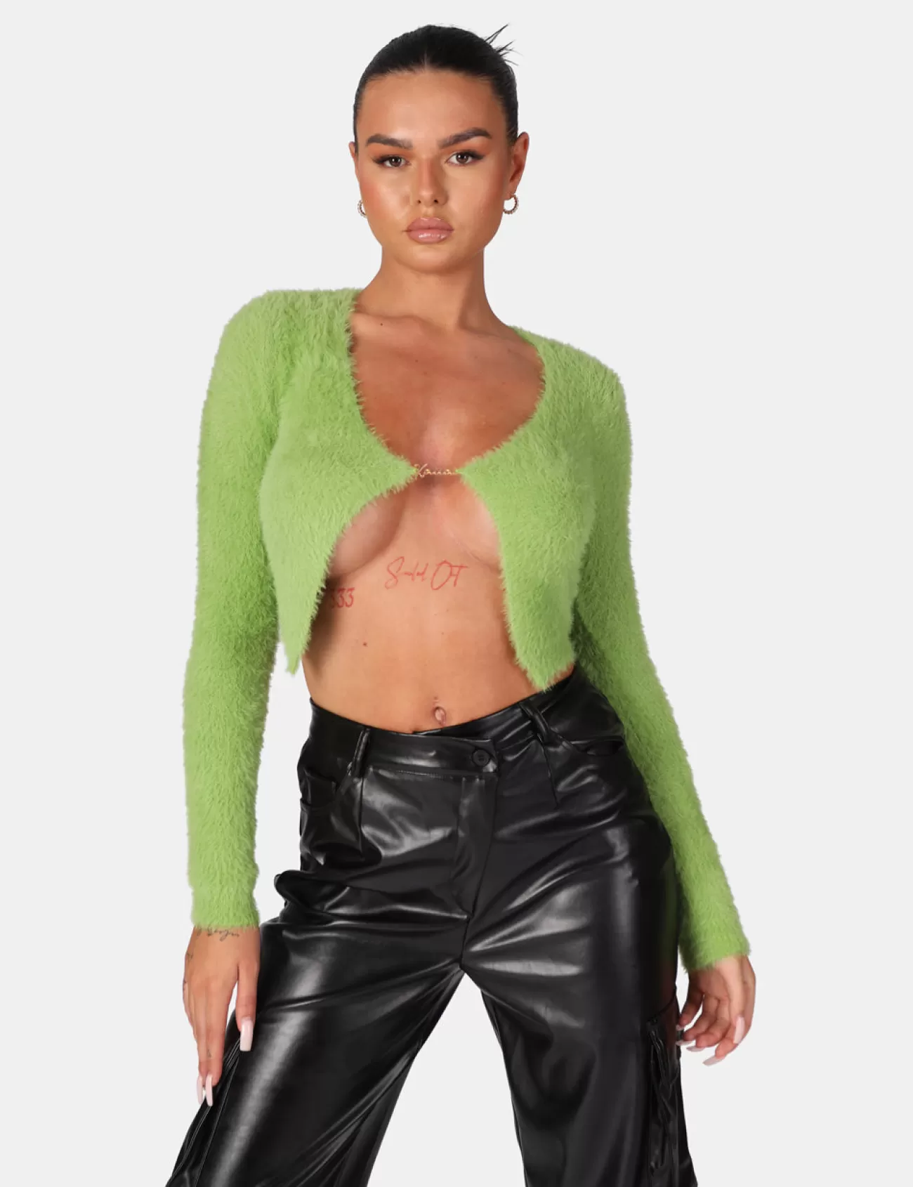Public Desire Long Sleeve Kaiia Trim Fluffy Knit Top Green Flash Sale