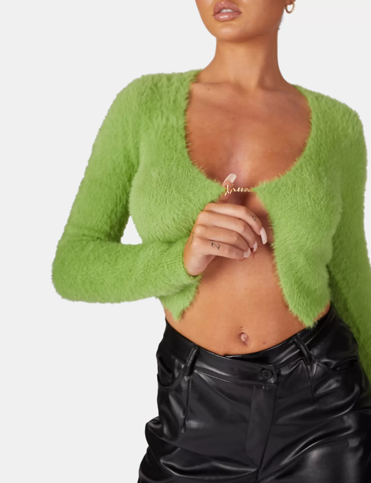 Public Desire Long Sleeve Kaiia Trim Fluffy Knit Top Green Flash Sale