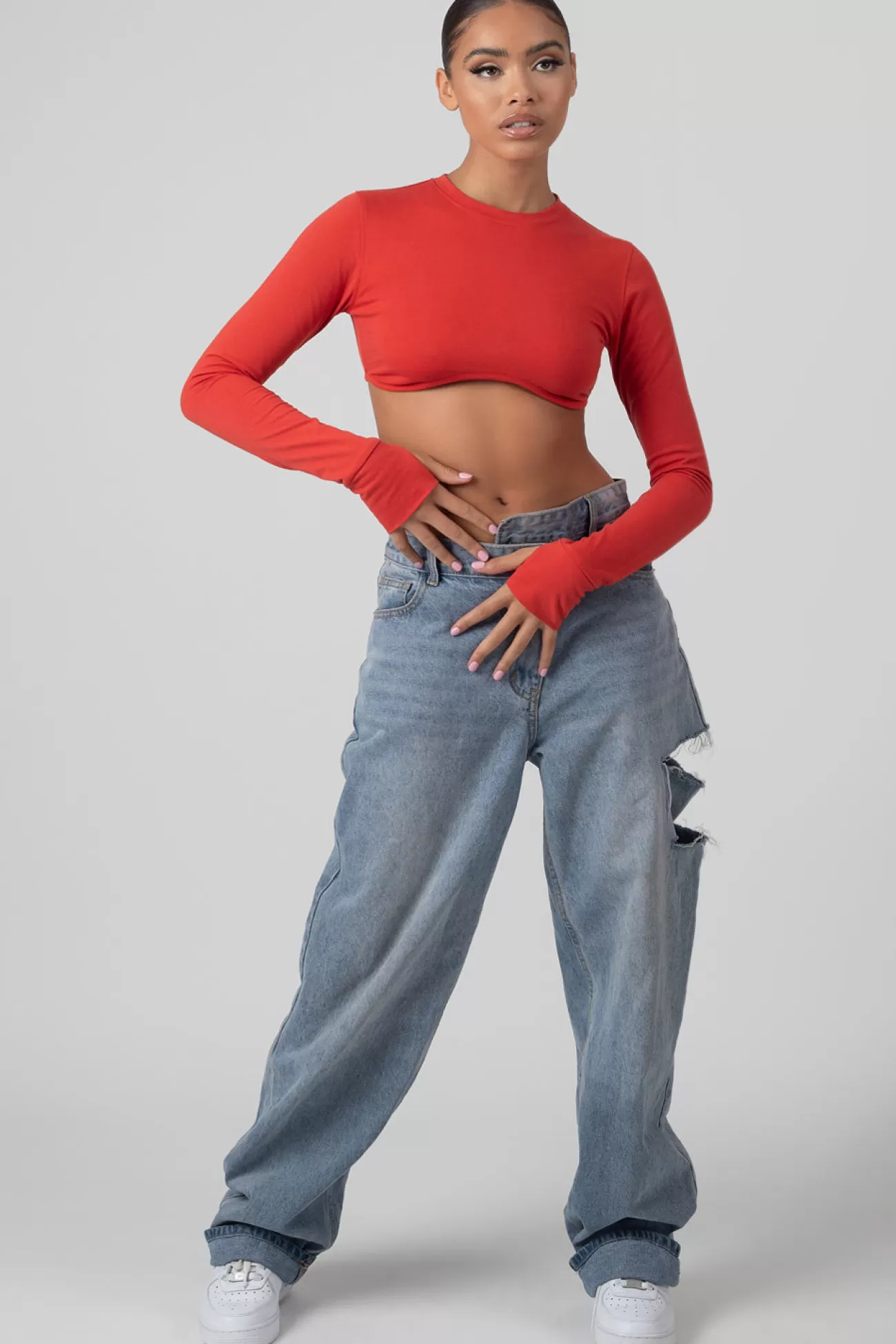 Public Desire Long Sleeve Underbust Top Red Hot