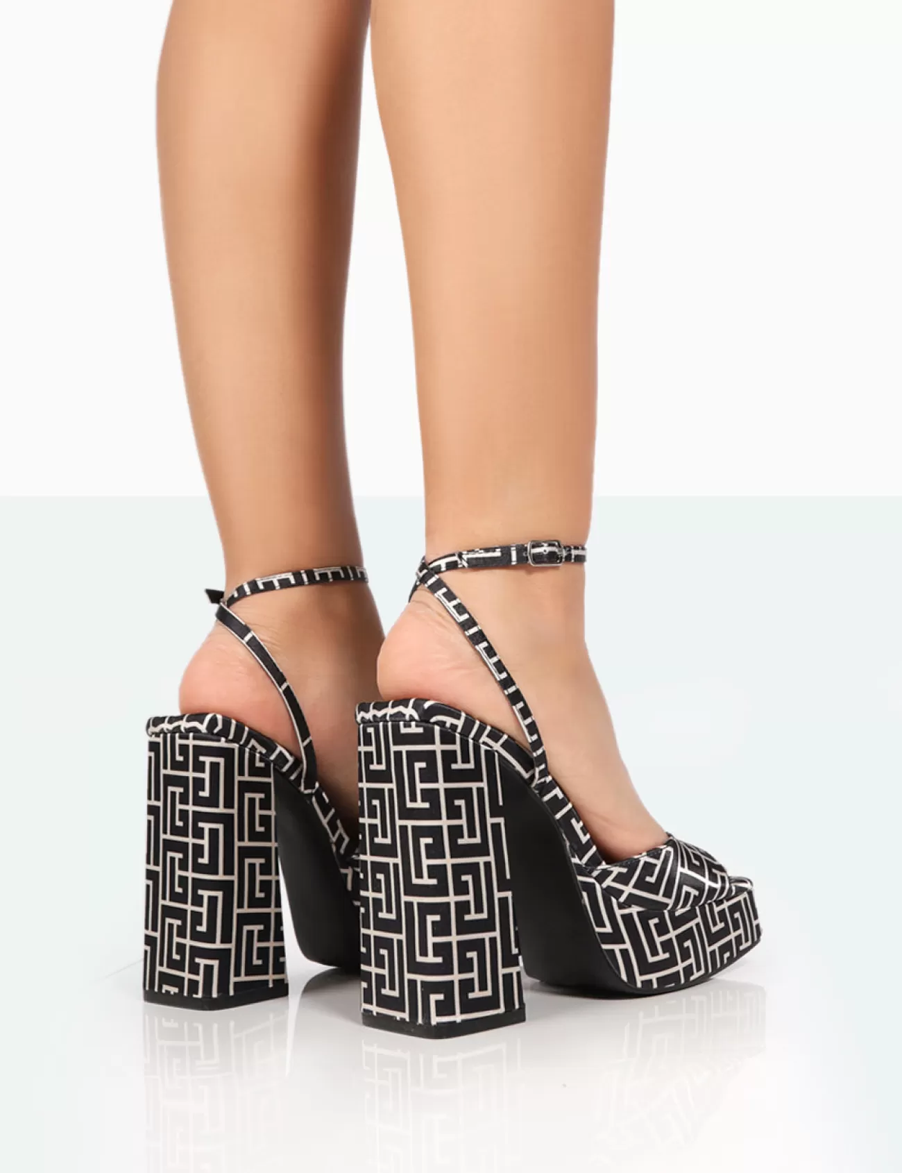 Public Desire Lyle Black Geometric Satin Square Toe Block Platform High Heels Black And White Discount