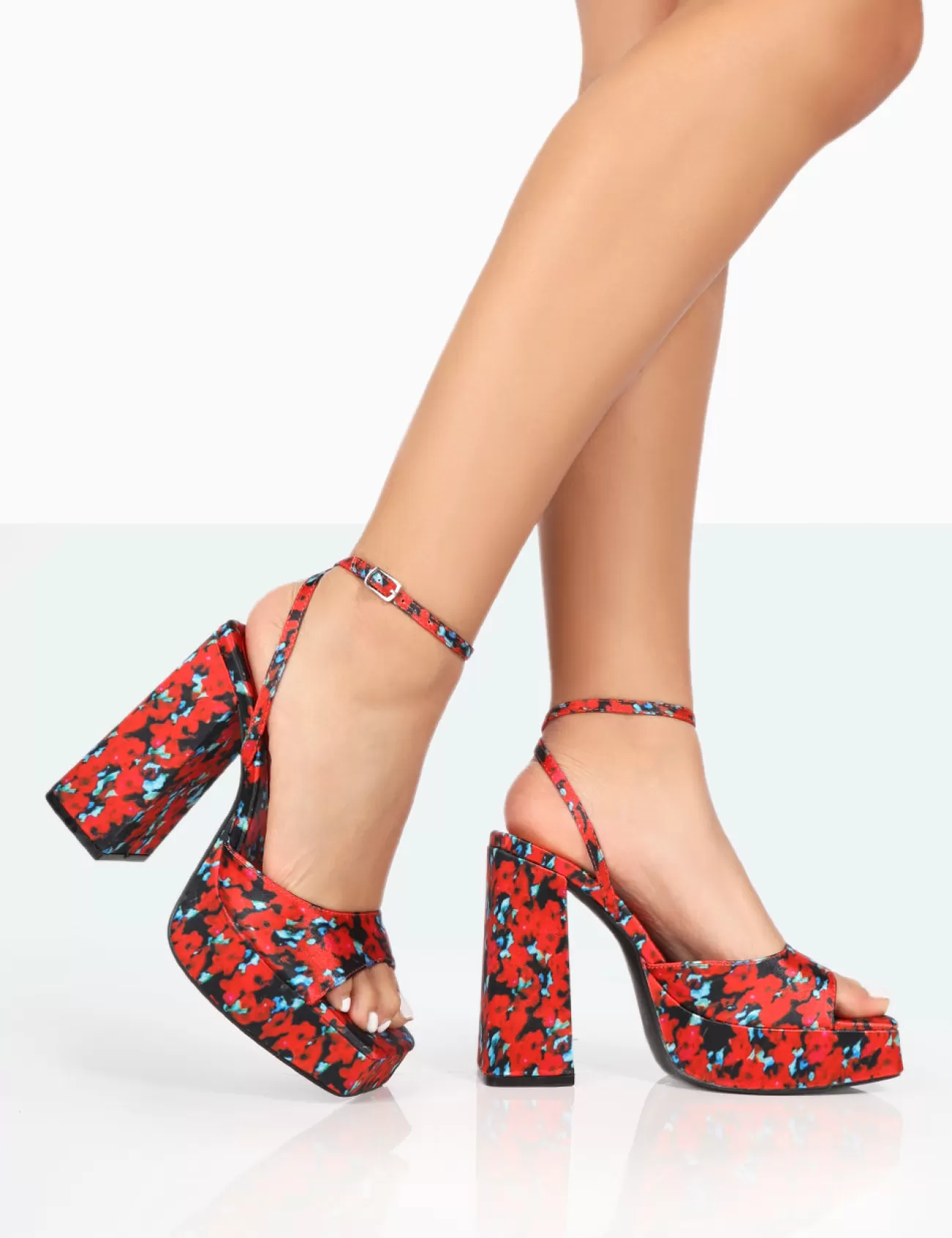 Public Desire Lyle Floral Satin Square Toe Block Platform High Heels Red Flash Sale