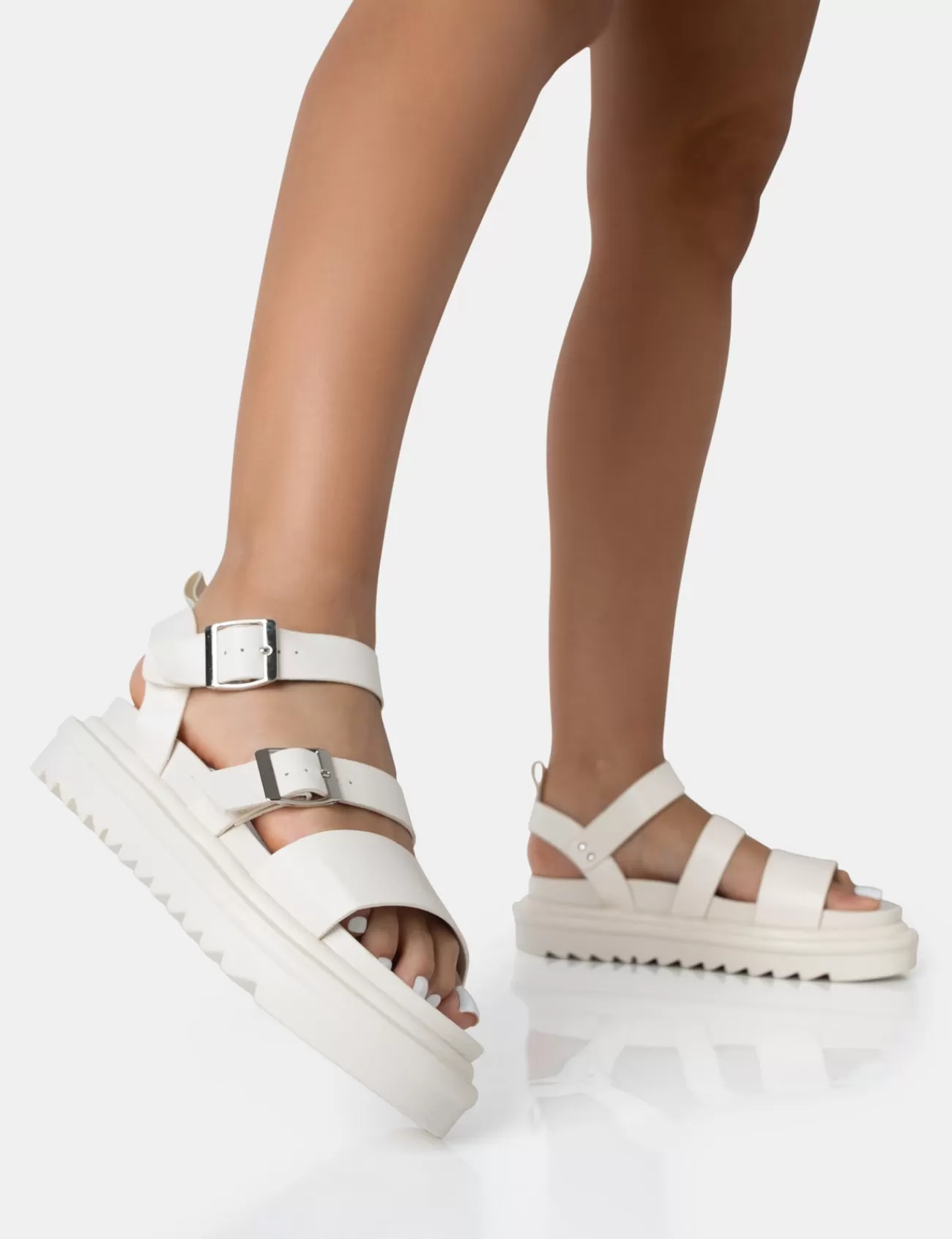 Public Desire Macy Pu Chunky Buckle Strap Sandals Ecru Best Sale
