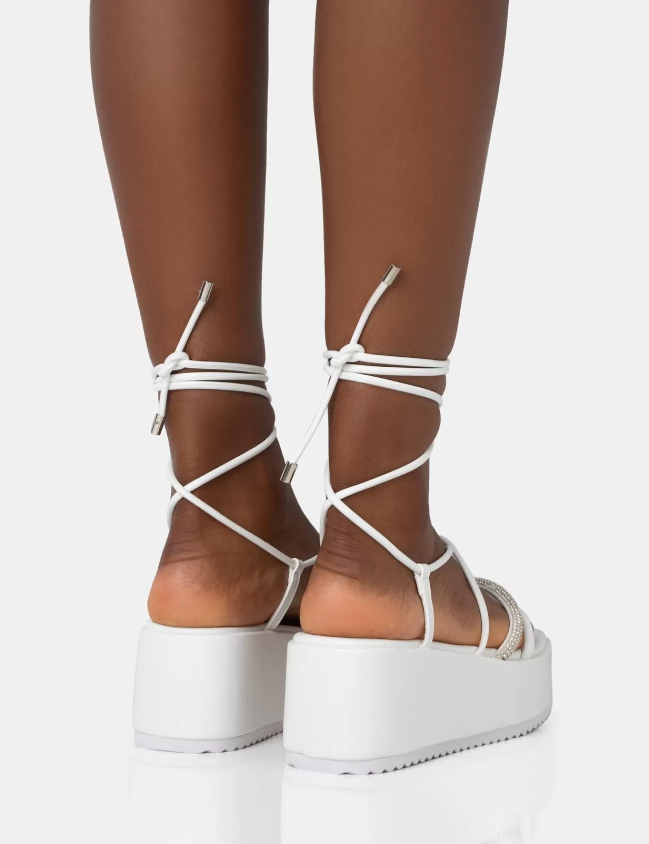 Public Desire Malia Pu Diamante Strap Lace Up Chunky Platform Sandals White Flash Sale