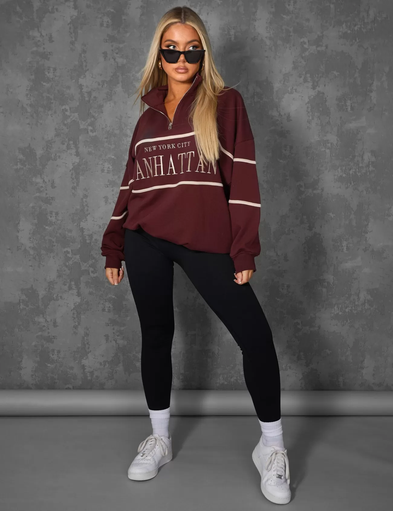 Public Desire Manhattan Slogan Half Zip Pullover Sweatshirt Burgundy Red Clearance