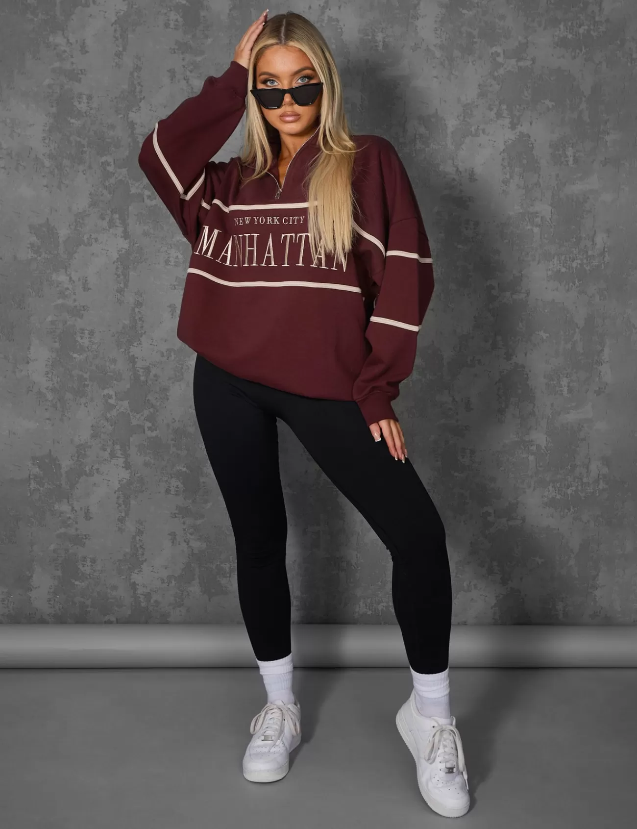Public Desire Manhattan Slogan Half Zip Pullover Sweatshirt Burgundy Red Clearance