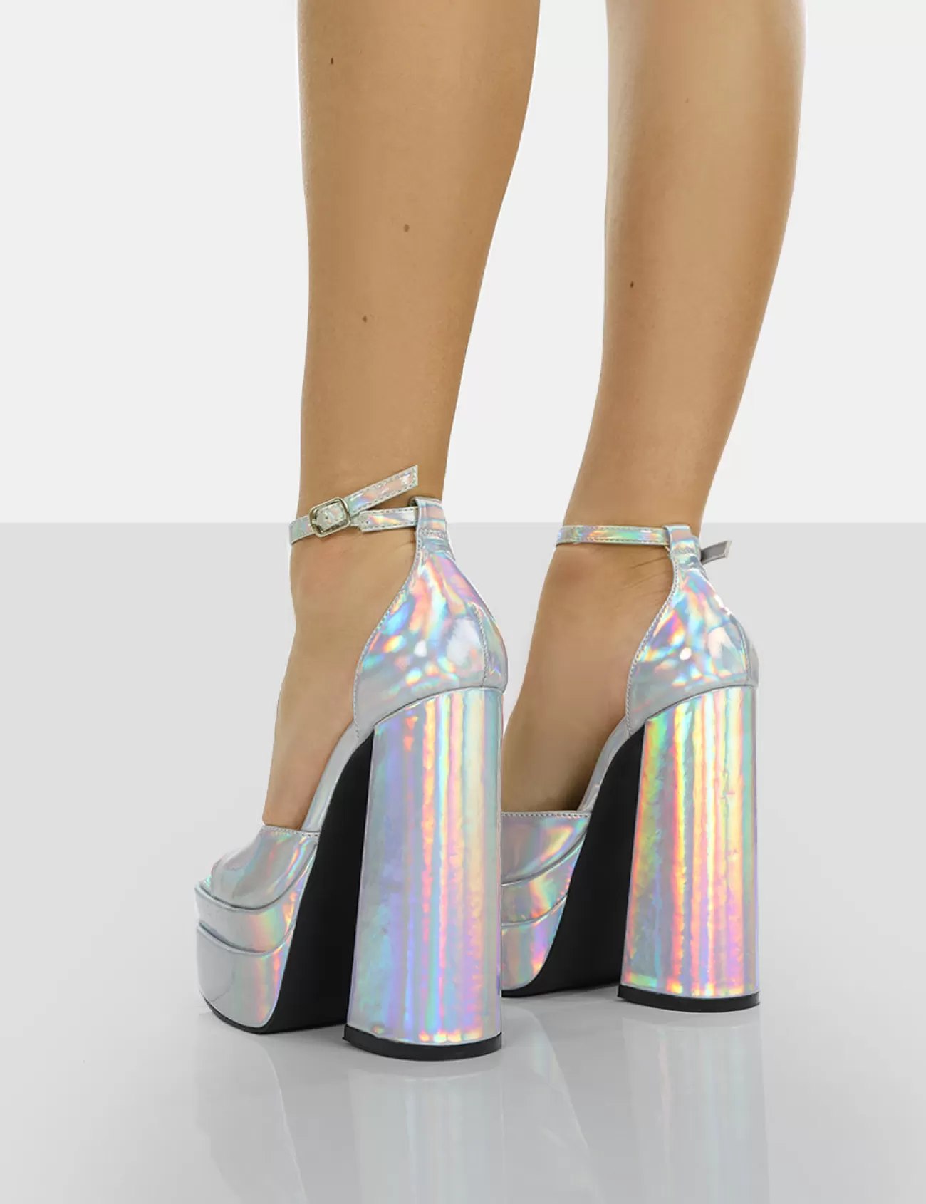 Public Desire Mercy Holographic Strappy Square Toe Platform High Block Heels Silver Flash Sale