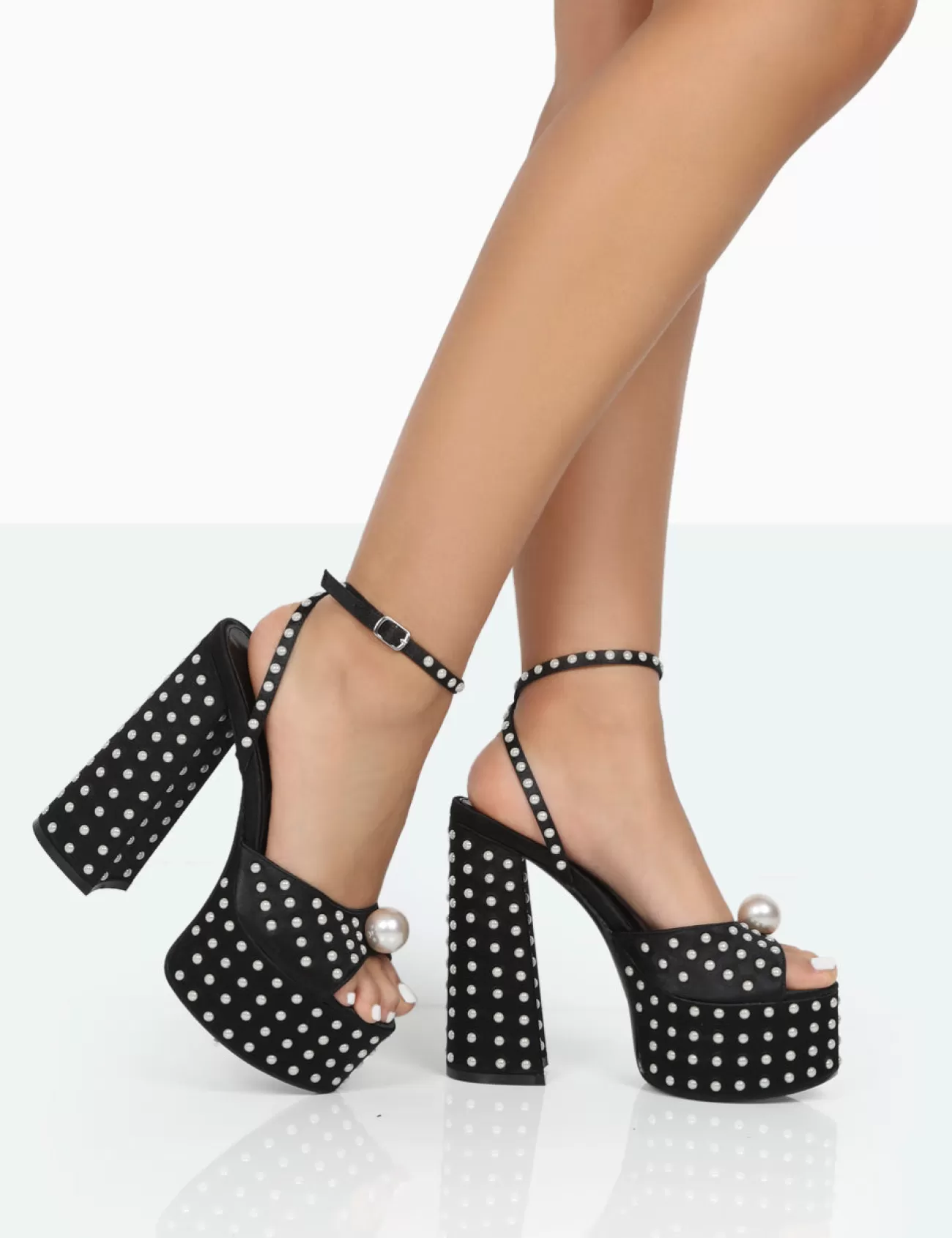 Public Desire Mia Black Satin Pearl Open Toe Block Platform Heels Best