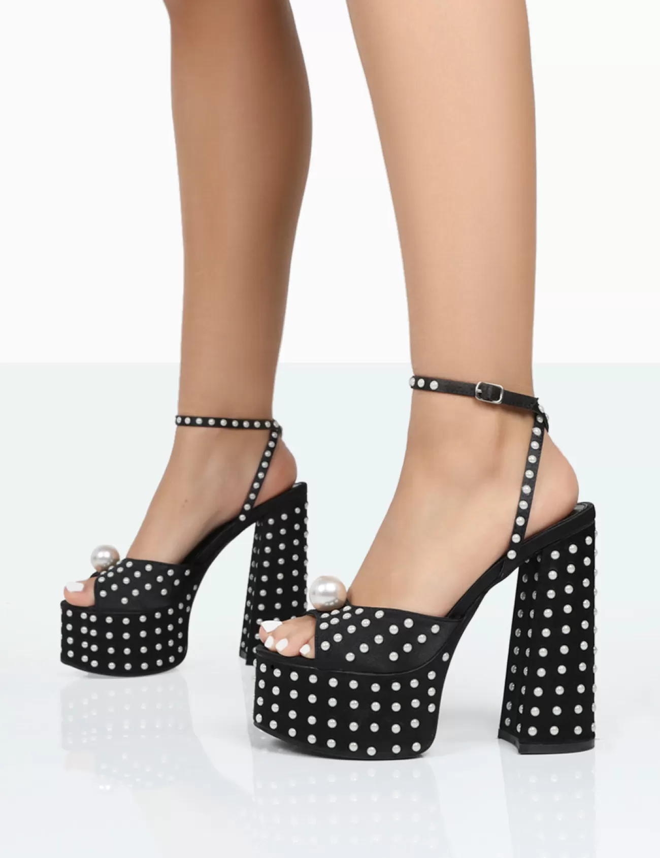 Public Desire Mia Black Satin Pearl Open Toe Block Platform Heels Best