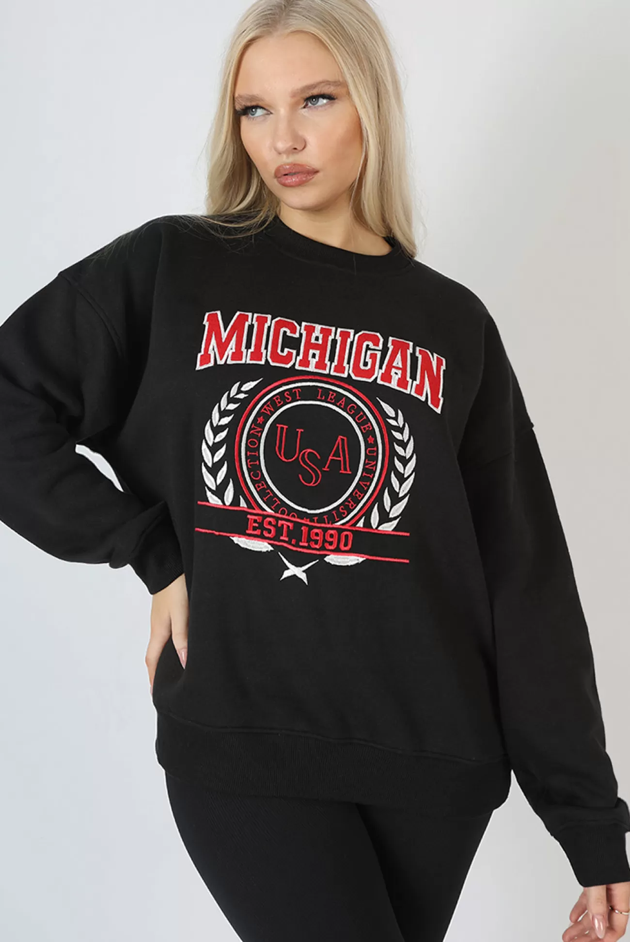 Public Desire Michigan Embroidered Slogan Oversized Sweatshirt Black Best
