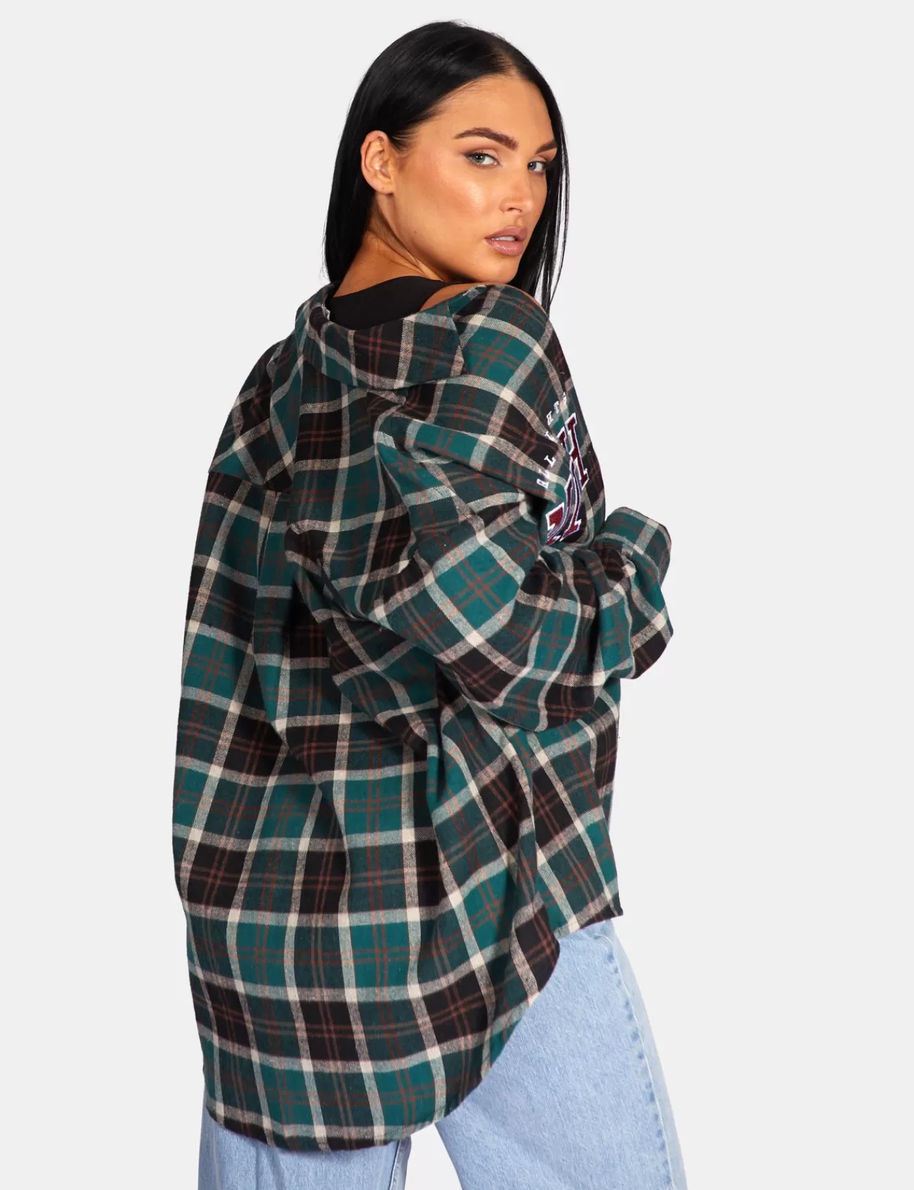 Public Desire Michigan Slogan Check Shirt Forest Green Hot