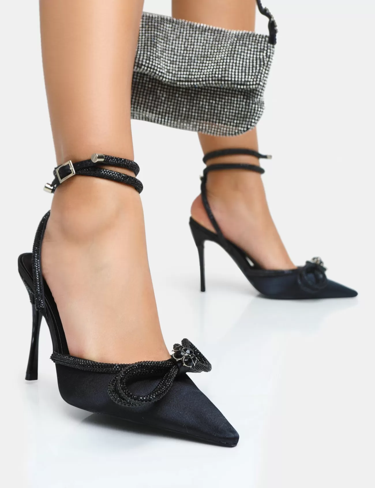 Public Desire Midnight Satin Wrap Around Diamante Bow Pointed Toe High Heels Black Flash Sale