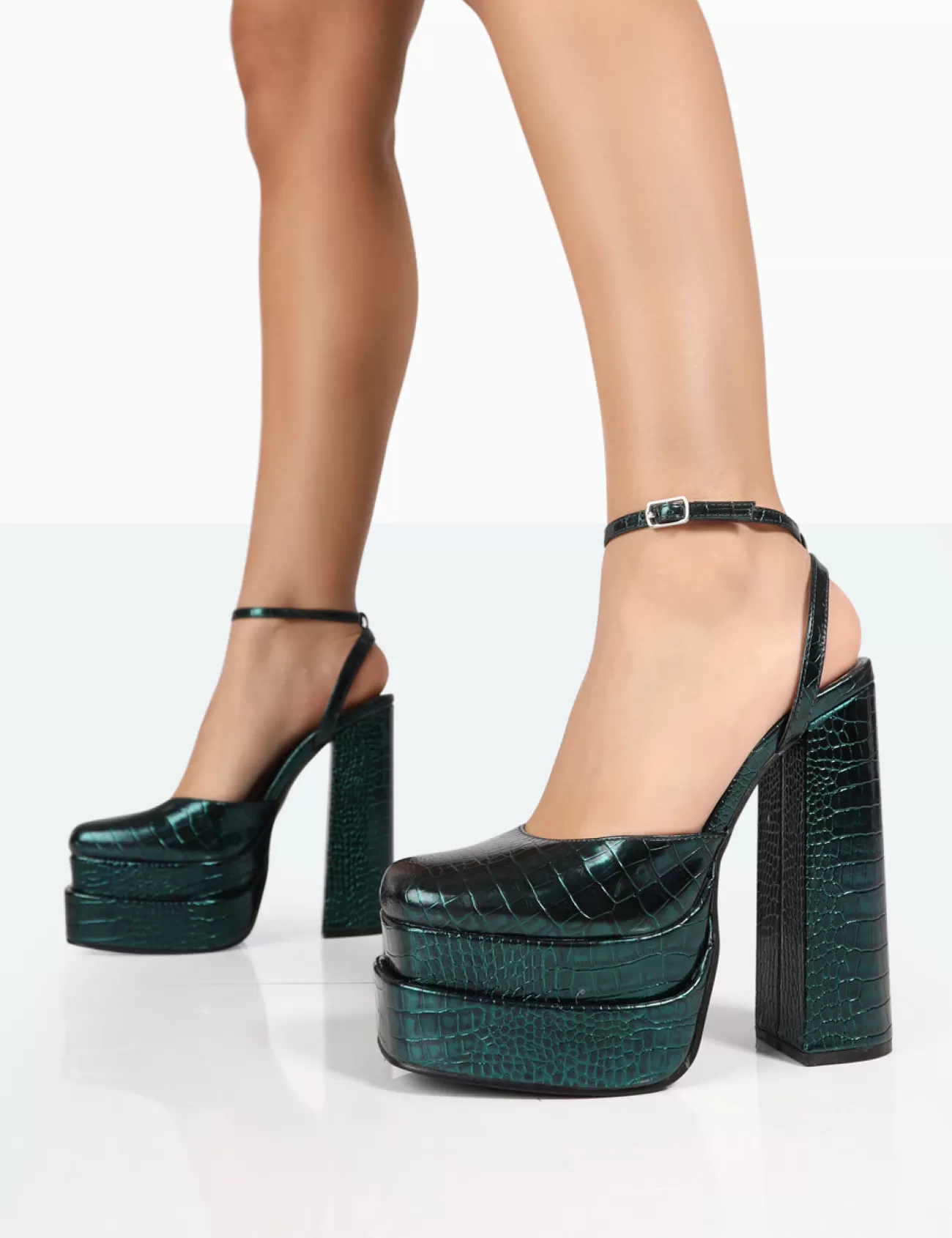Public Desire Moonchild Metallic Green Croc Closed Toe Statement Platform Block Heels Emerald Best Sale