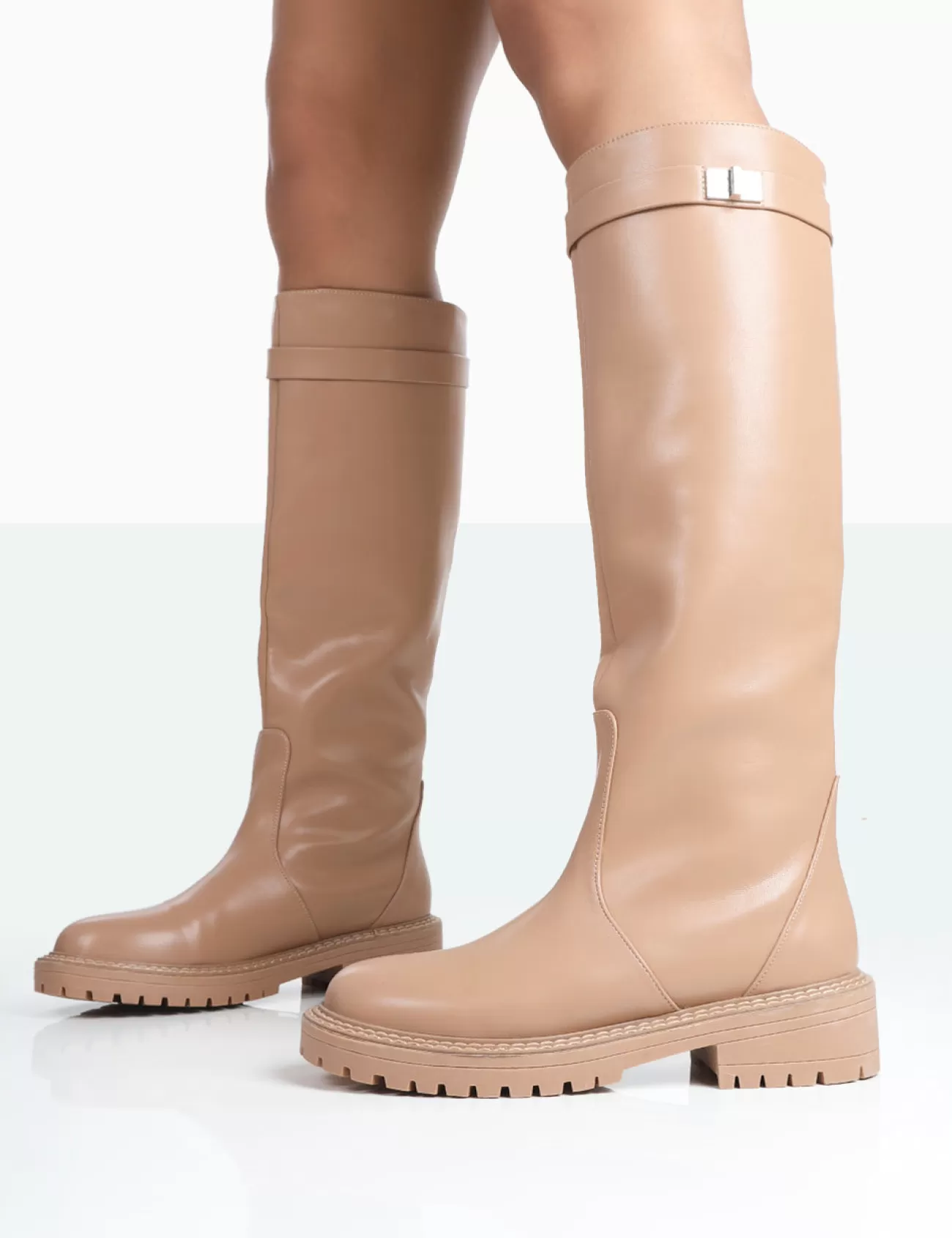 Public Desire More Fun Pu Round Toe Chunky Sole Knee High Boots Caramel Shop