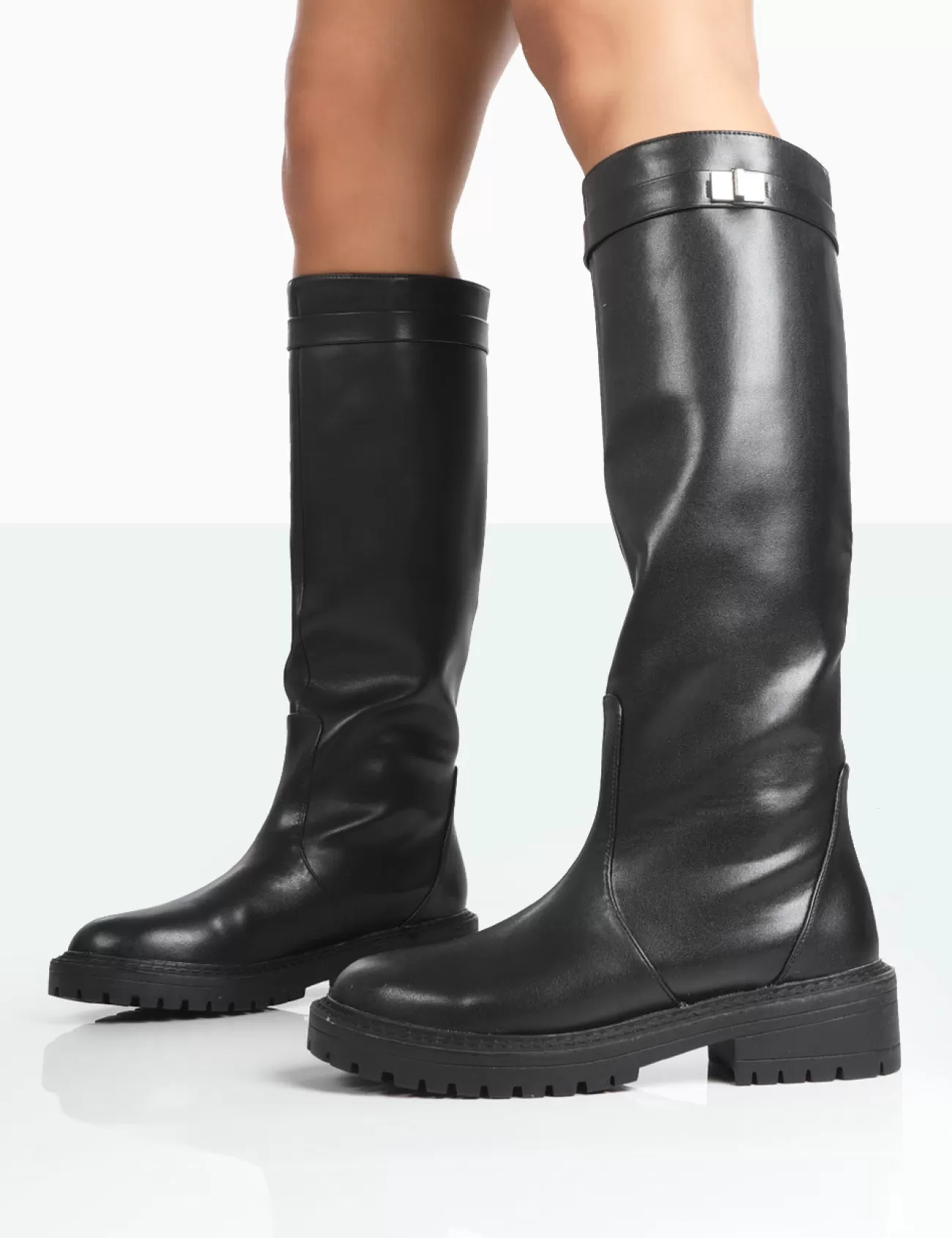 Public Desire More Fun Pu Round Toe Chunky Sole Knee High Boots Black Outlet
