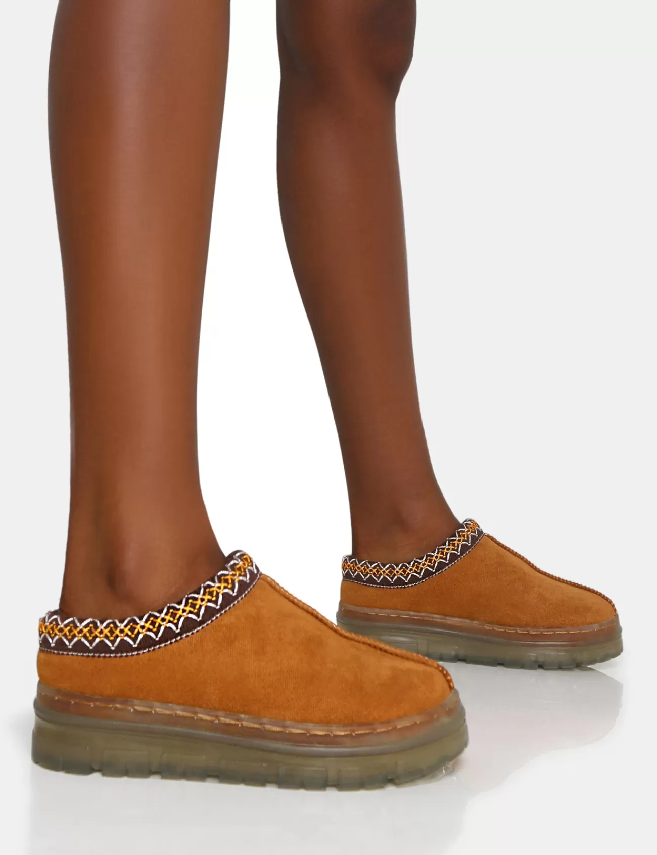 Public Desire Nala Faux Suede Embroidered Slipper Platform Boots Tan Shop