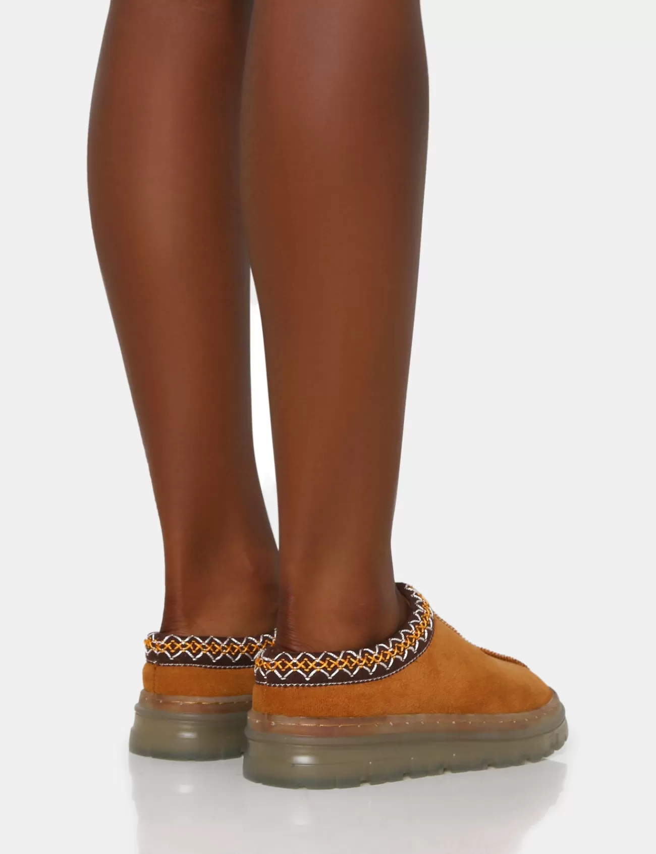 Public Desire Nala Faux Suede Embroidered Slipper Platform Boots Tan Shop