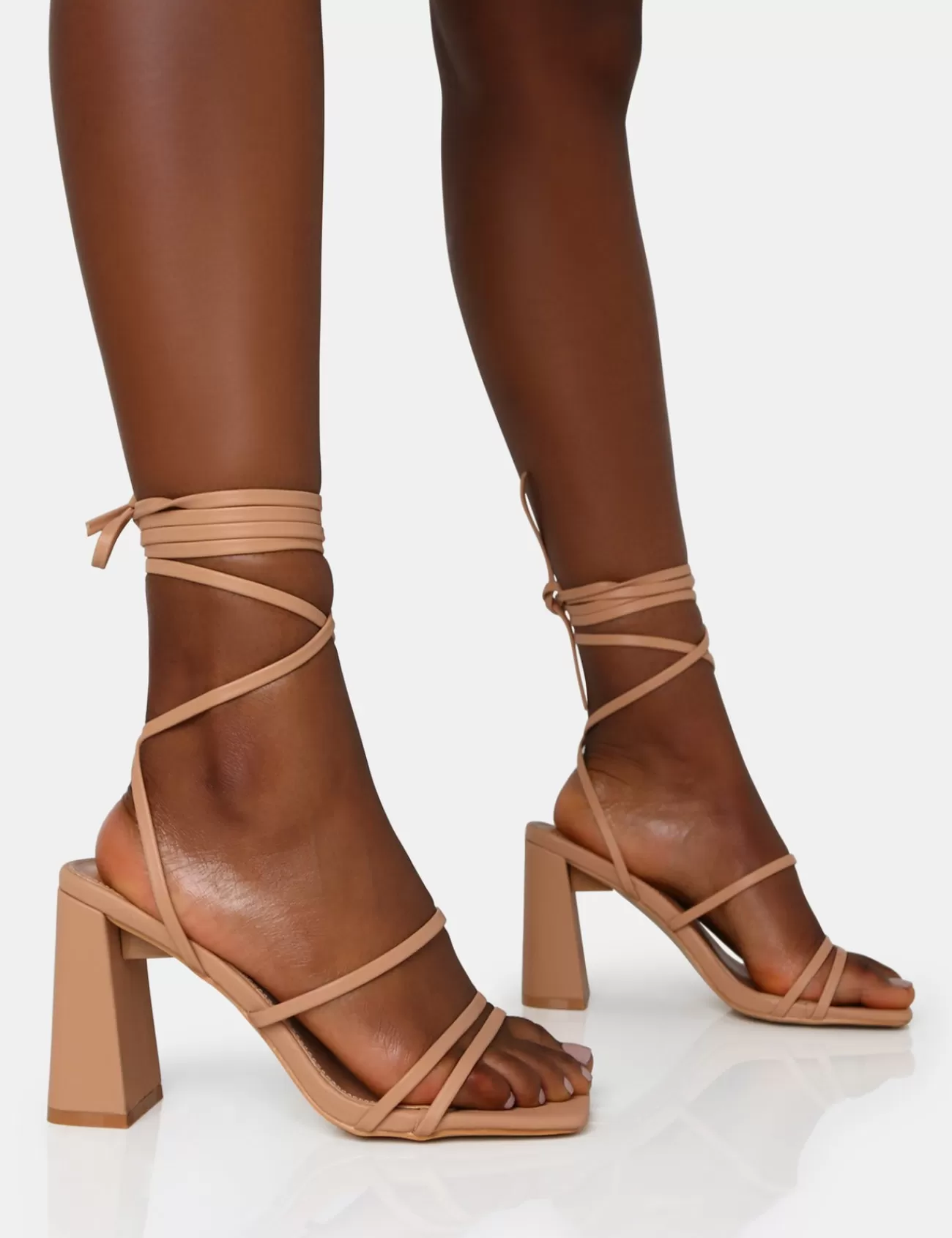 Public Desire Natty Wide Fit Pu Lace Up Square Toe Mid Block Heels Nude Best Sale